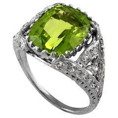 1915 Edwardian early Art Deco GIA 7.87ct Peridot & Diamond Platinum Antique Ring