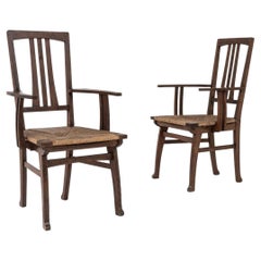 Antique 1915 French Oak Chairs with Woven Seats, a Pair 