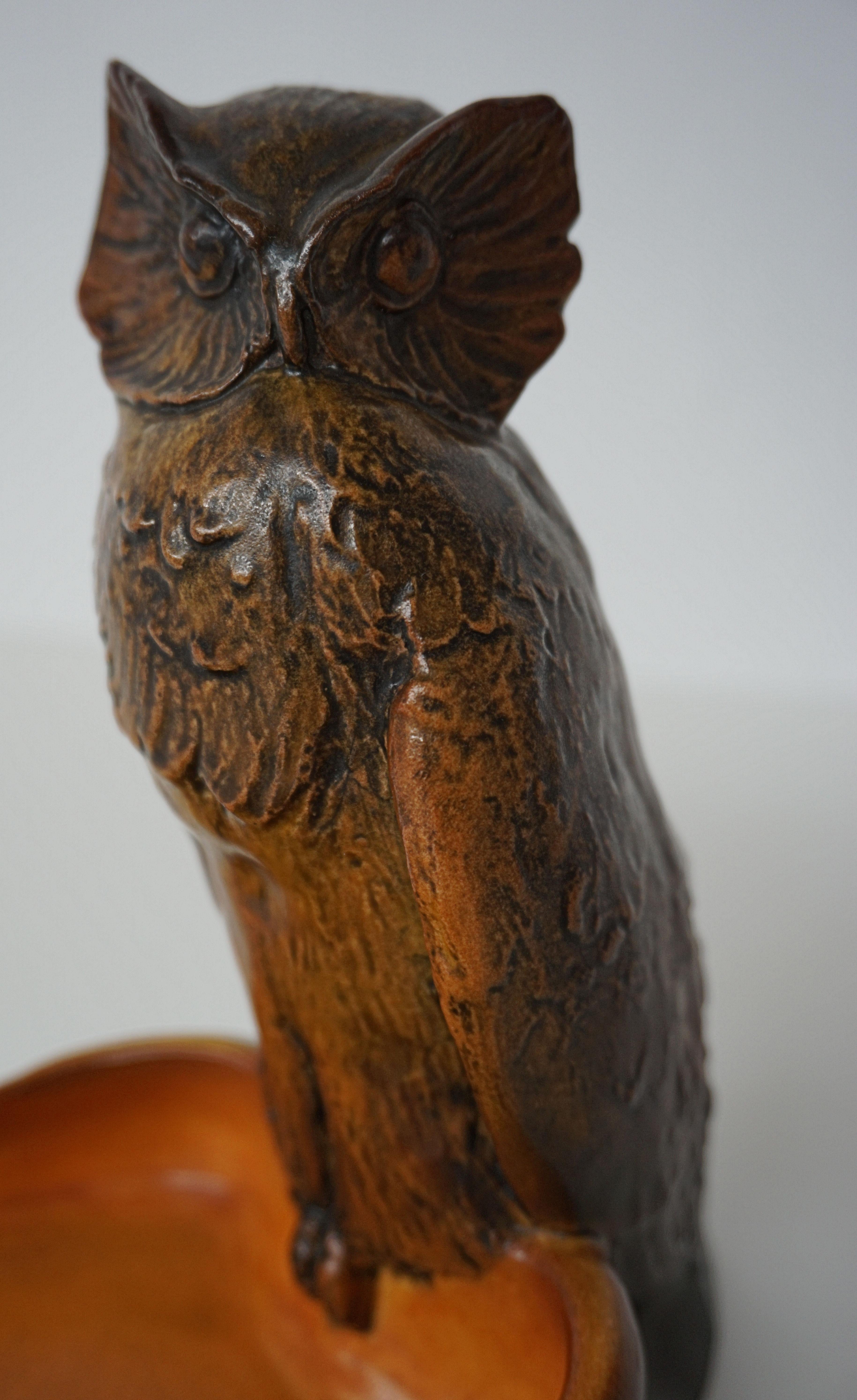 1915 Handcrafted Danish Art Nouveau Owl Bowl by Niels Norvill for Ipsens Enke 3