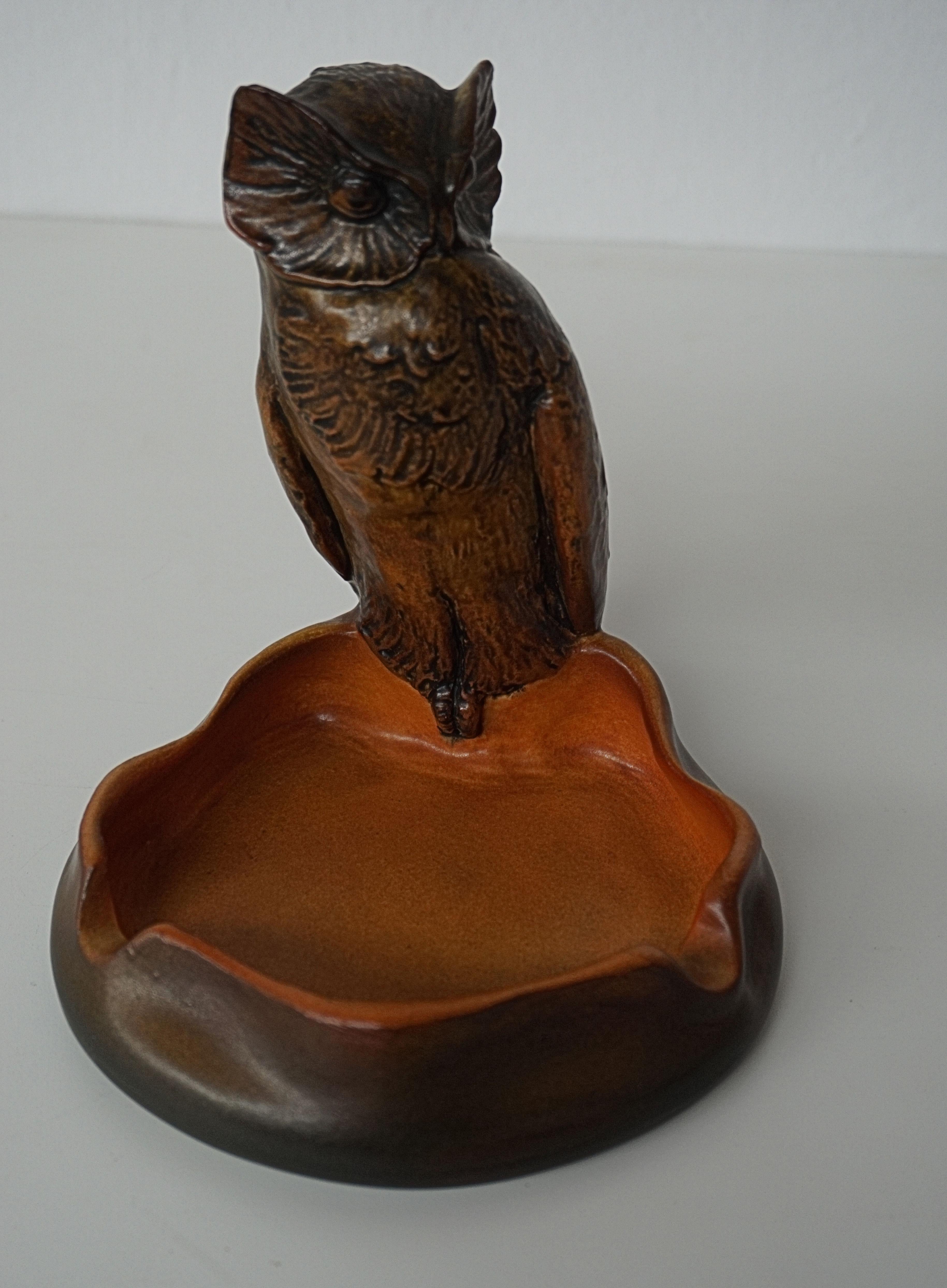 1915 Handcrafted Danish Art Nouveau Owl Bowl by Niels Norvill for Ipsens Enke 1