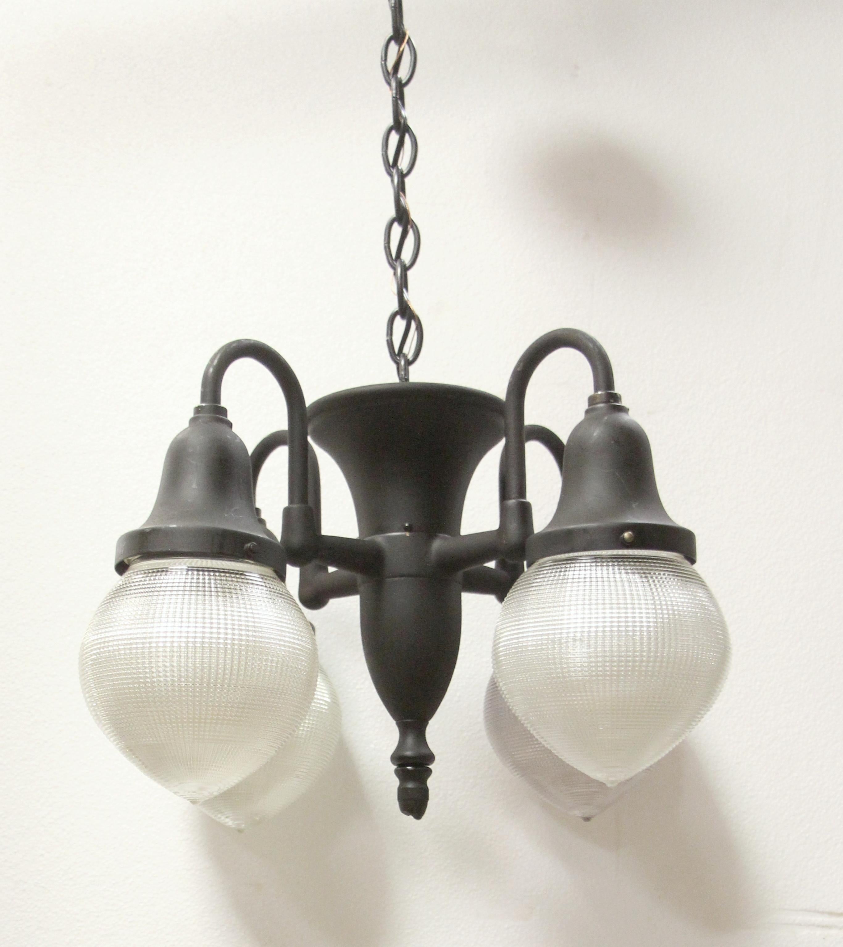 Industrial 1915 Holophane Dental Pendant Light with Original Glass Shades Black Finish