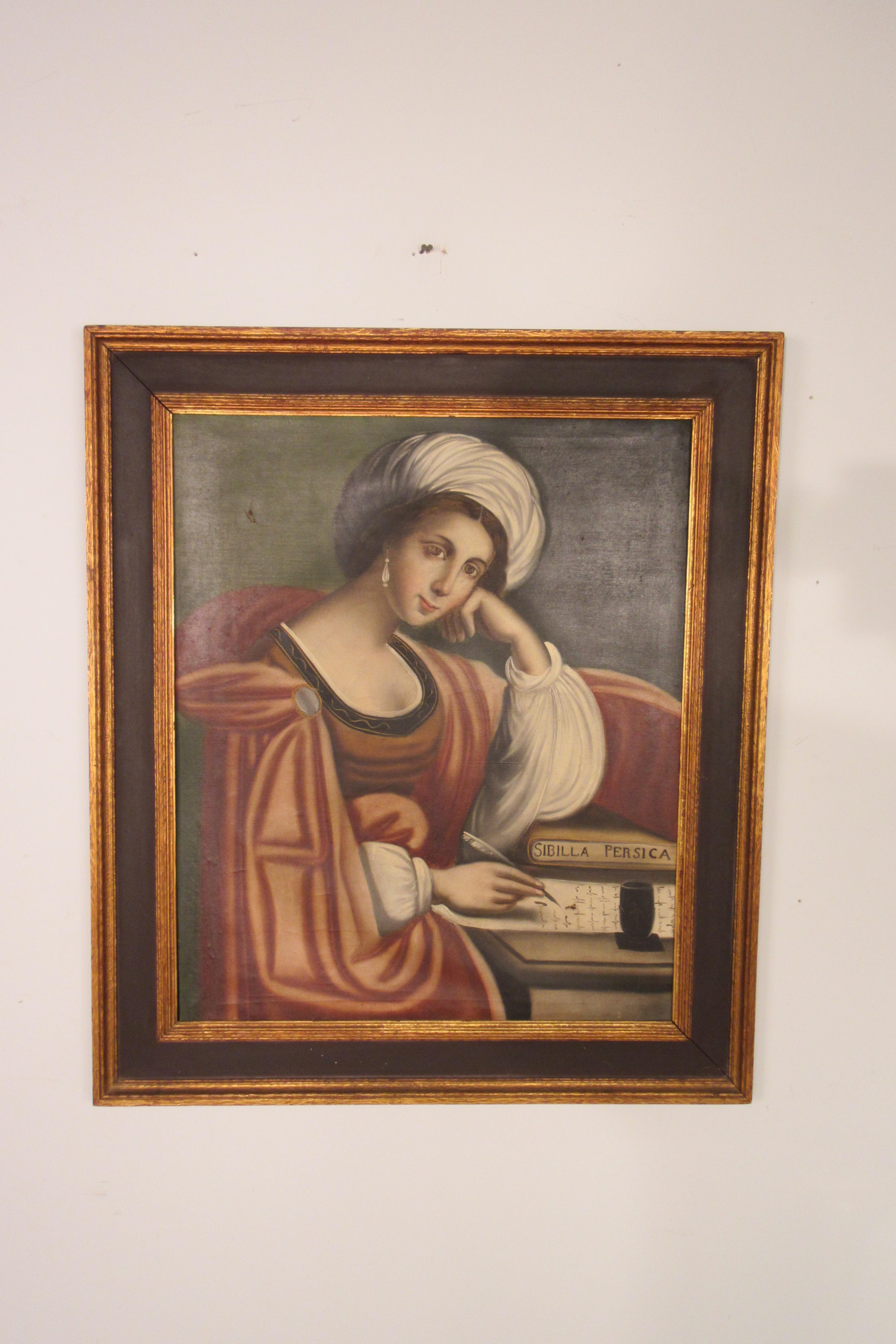 1915 oil painting on canvas of Sibilla Persia in a Cason A.H. Davenport frame. Frame is labeled.