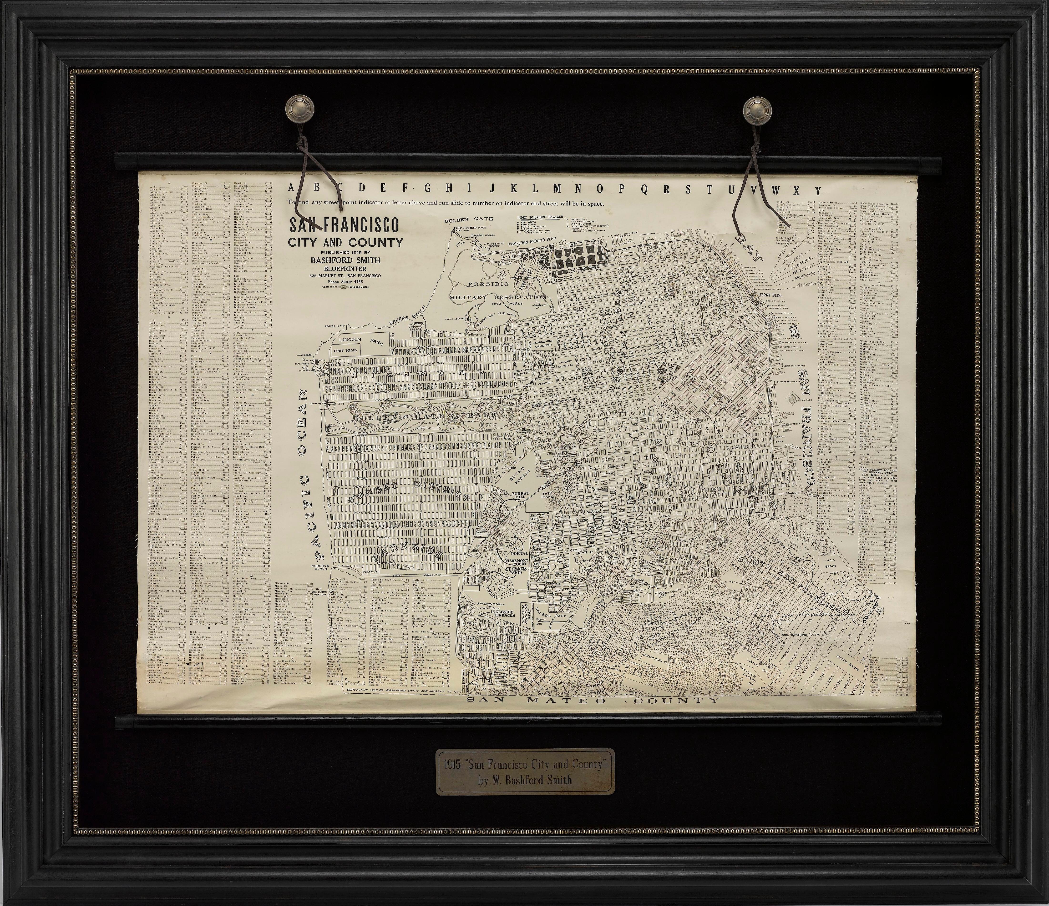 Presented is a rare wall map of San Francisco by W. Bashford Smith. Published in San Francisco in 1915, this map indicates streets and city districts, and, most notably, shows the site of the Panama-Pacific International Exposition, with a smaller