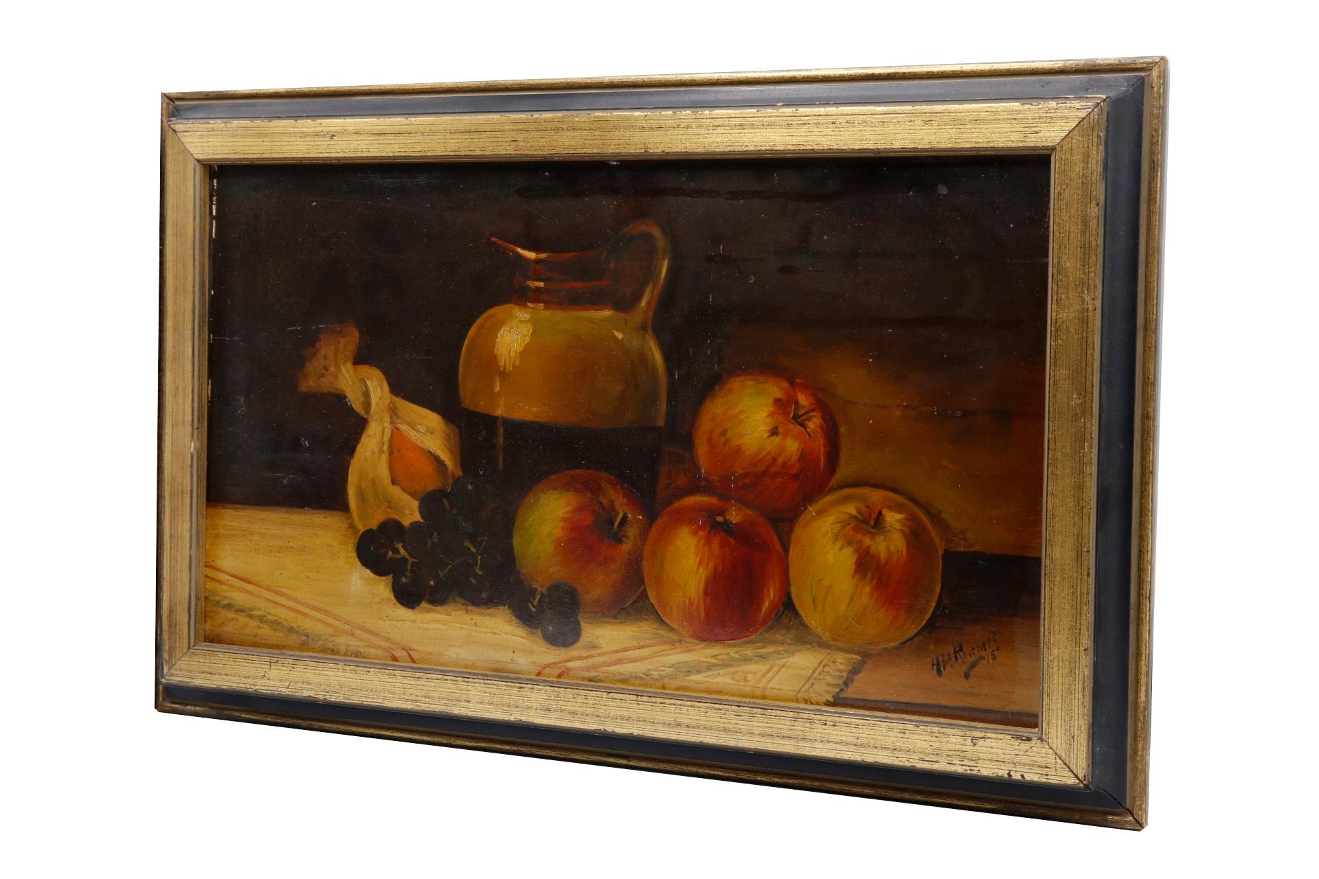 An early 20th century traditional still life oil on board. Depicts a table scene of apples and cherries around a milk jug. Signed “H.P. Reichert 15” in the lower right hand corner. Set in a simple black wooden frame brushed with gold in front. Wired