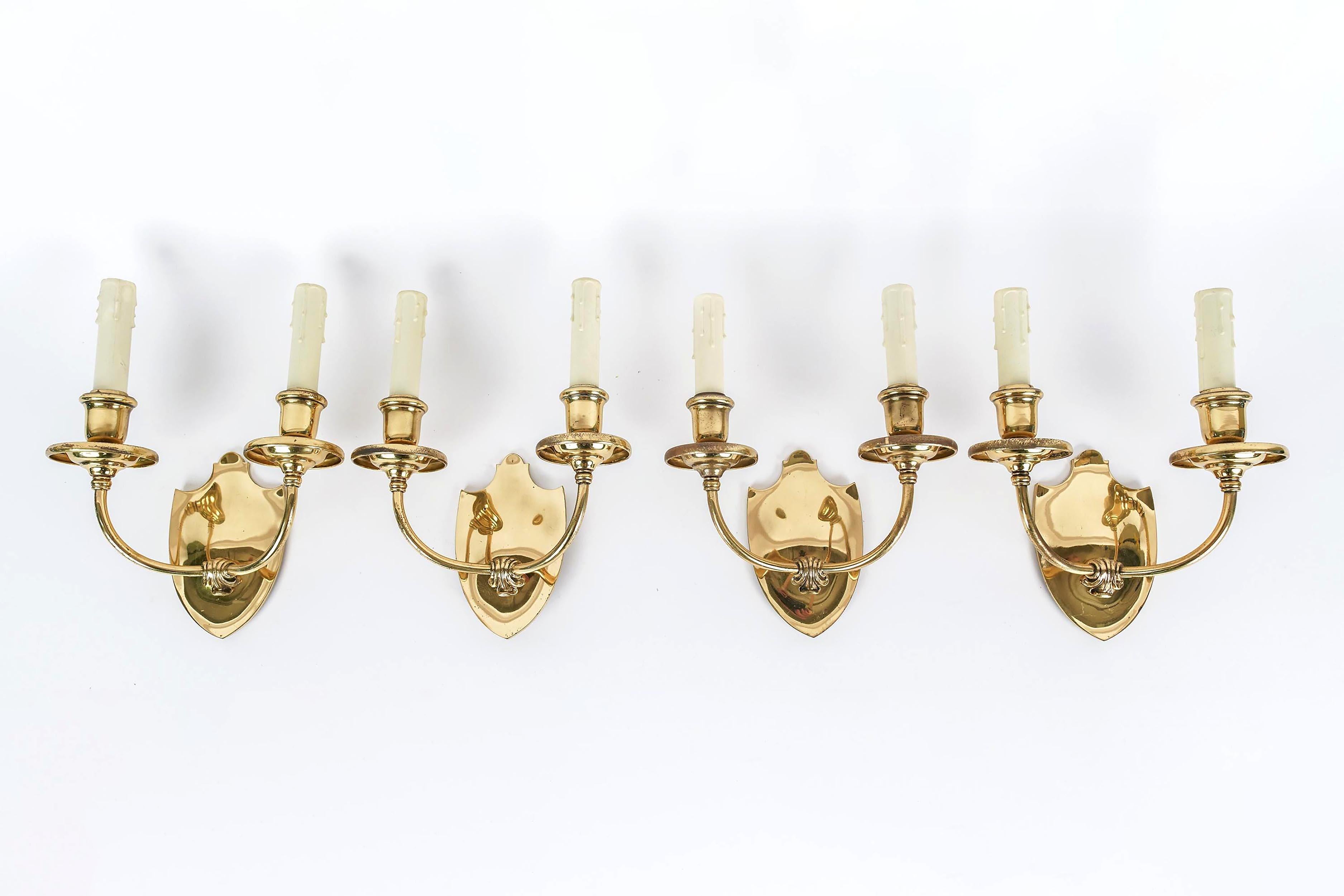 1916 2 Arm Cast Brass Sconces with Shield Back '18 Matching' For Sale 4