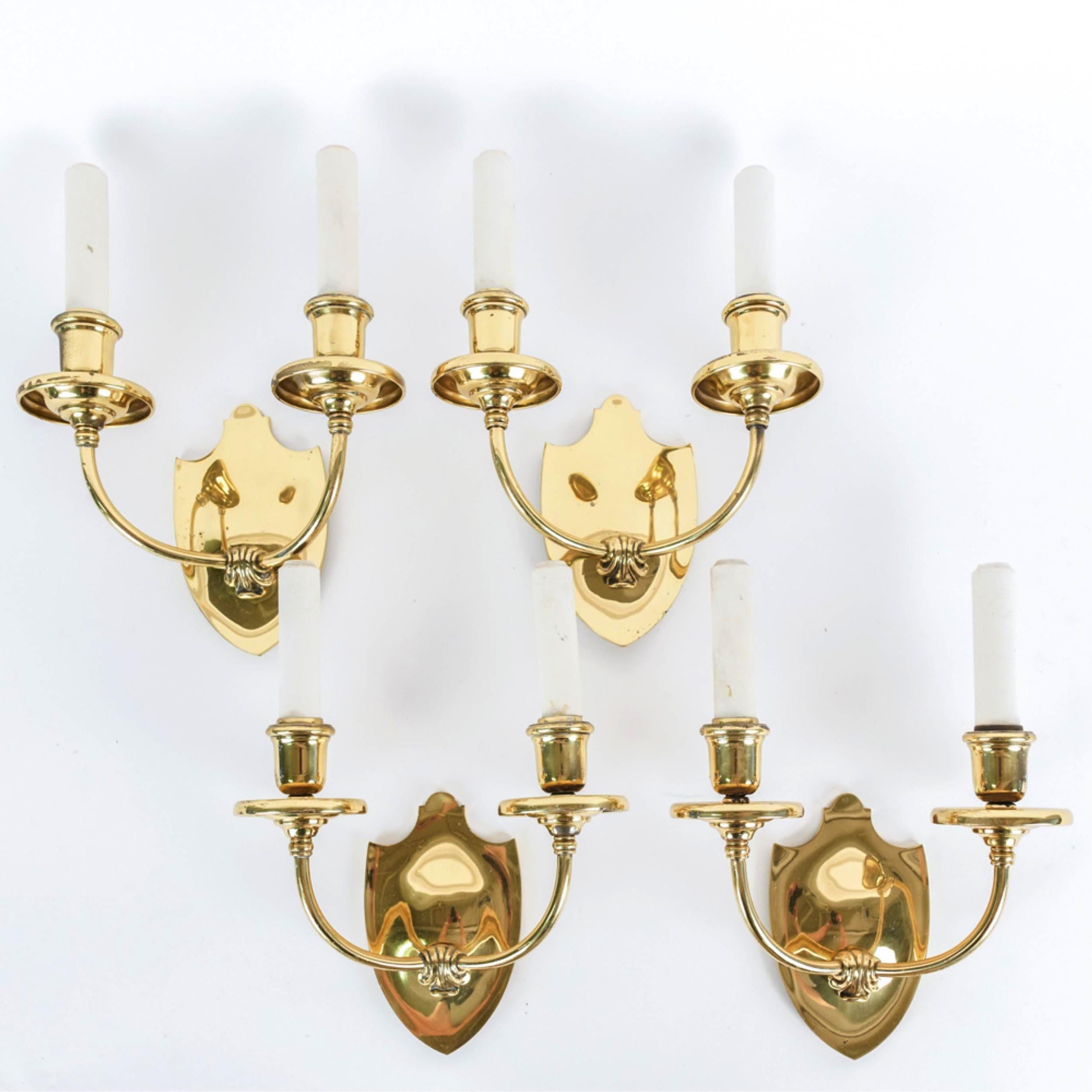1916 2 Arm Cast Brass Sconces with Shield Back '18 Matching' For Sale 6
