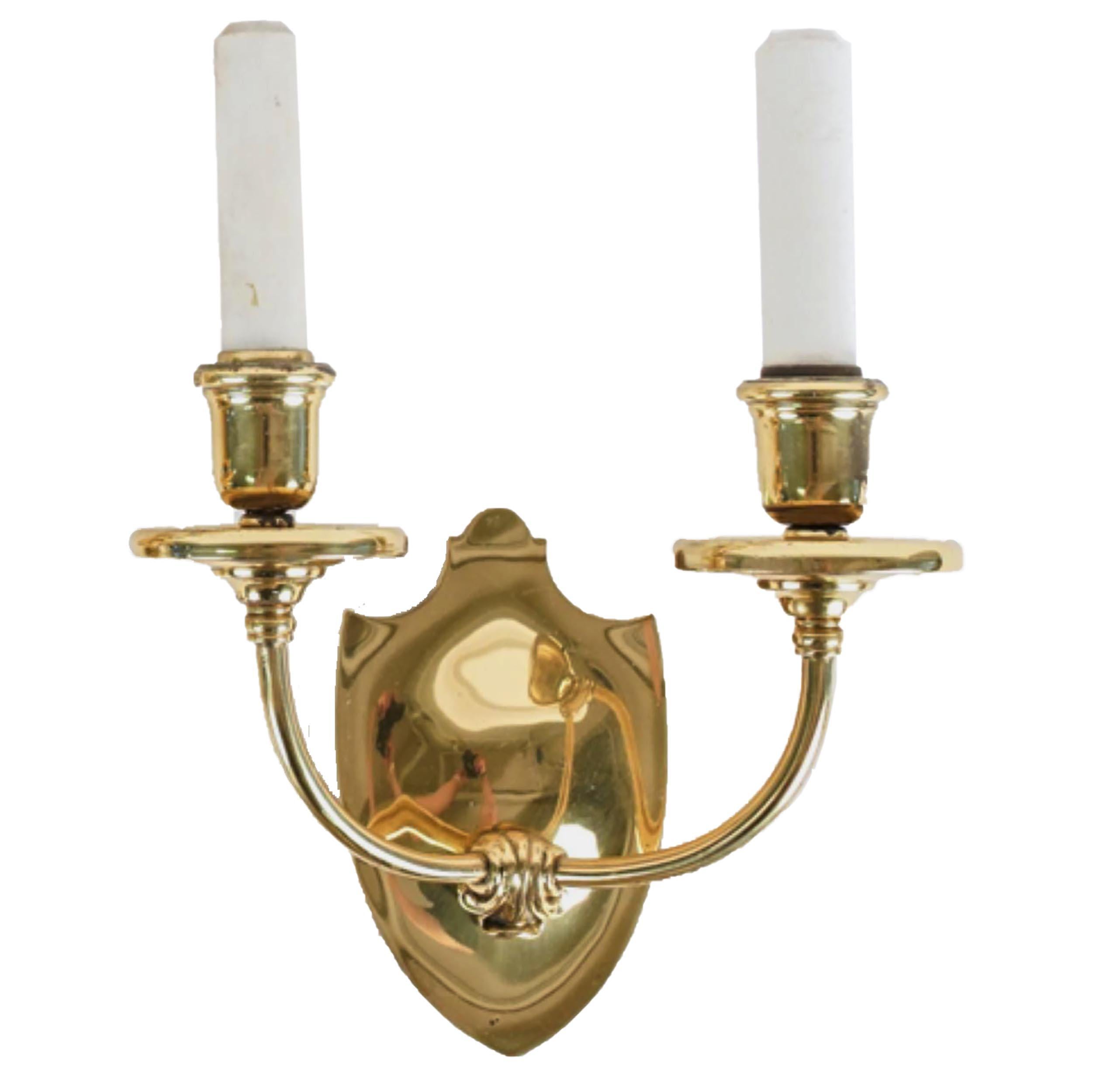 1916 2 Arm Cast Brass Sconces with Shield Back '18 Matching' In Good Condition For Sale In Minneapolis, MN