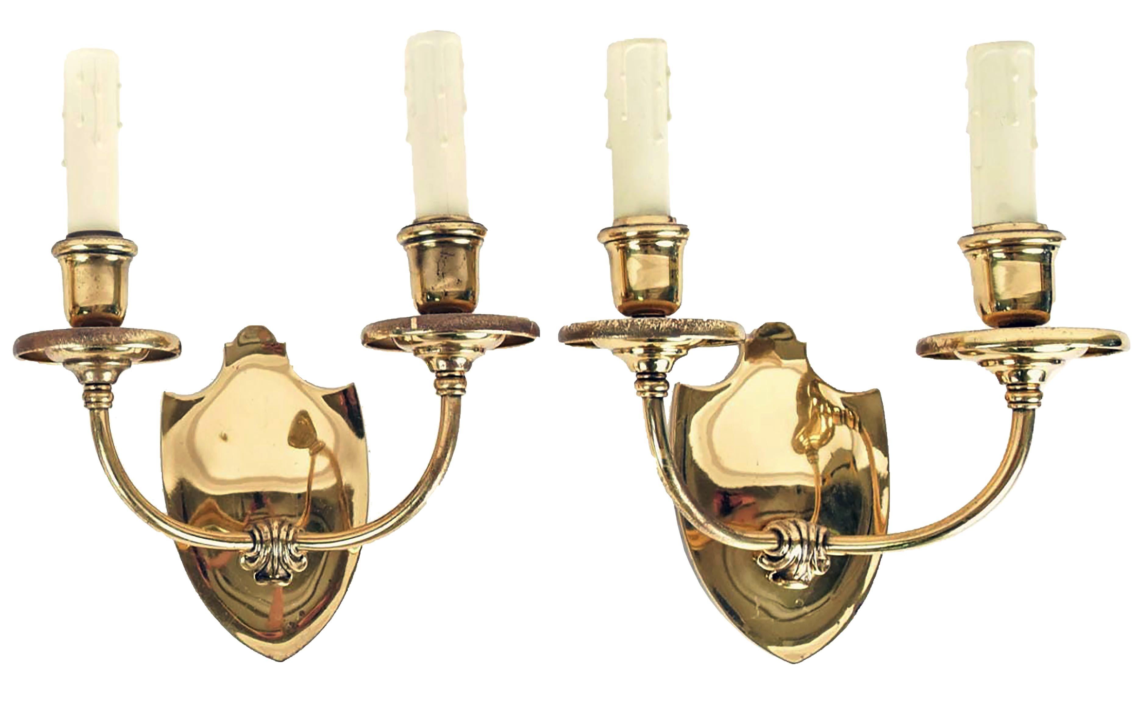 Early 20th Century 1916 2 Arm Cast Brass Sconces with Shield Back '18 Matching' For Sale