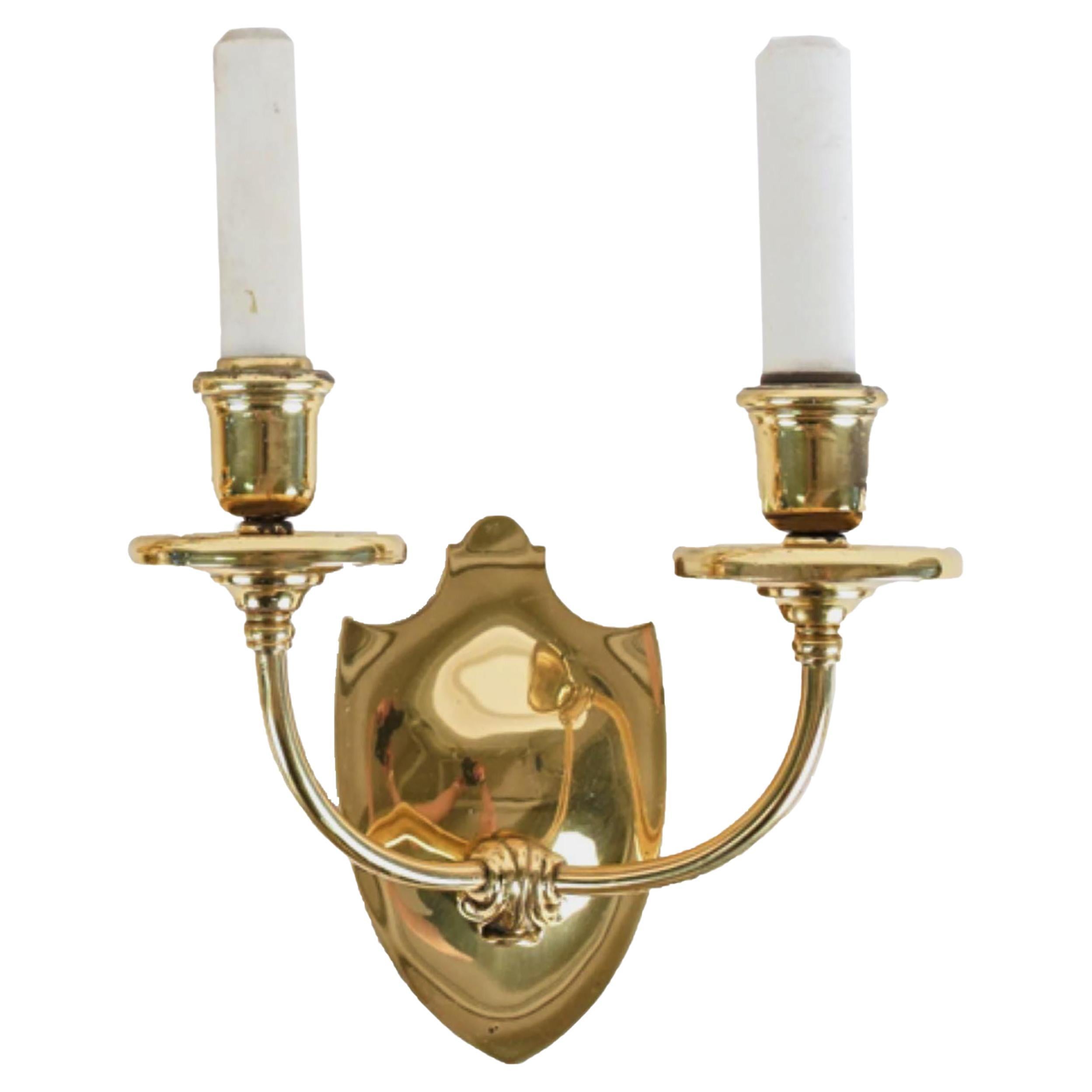 1916 2 Arm Cast Brass Sconces with Shield Back '18 Matching' For Sale