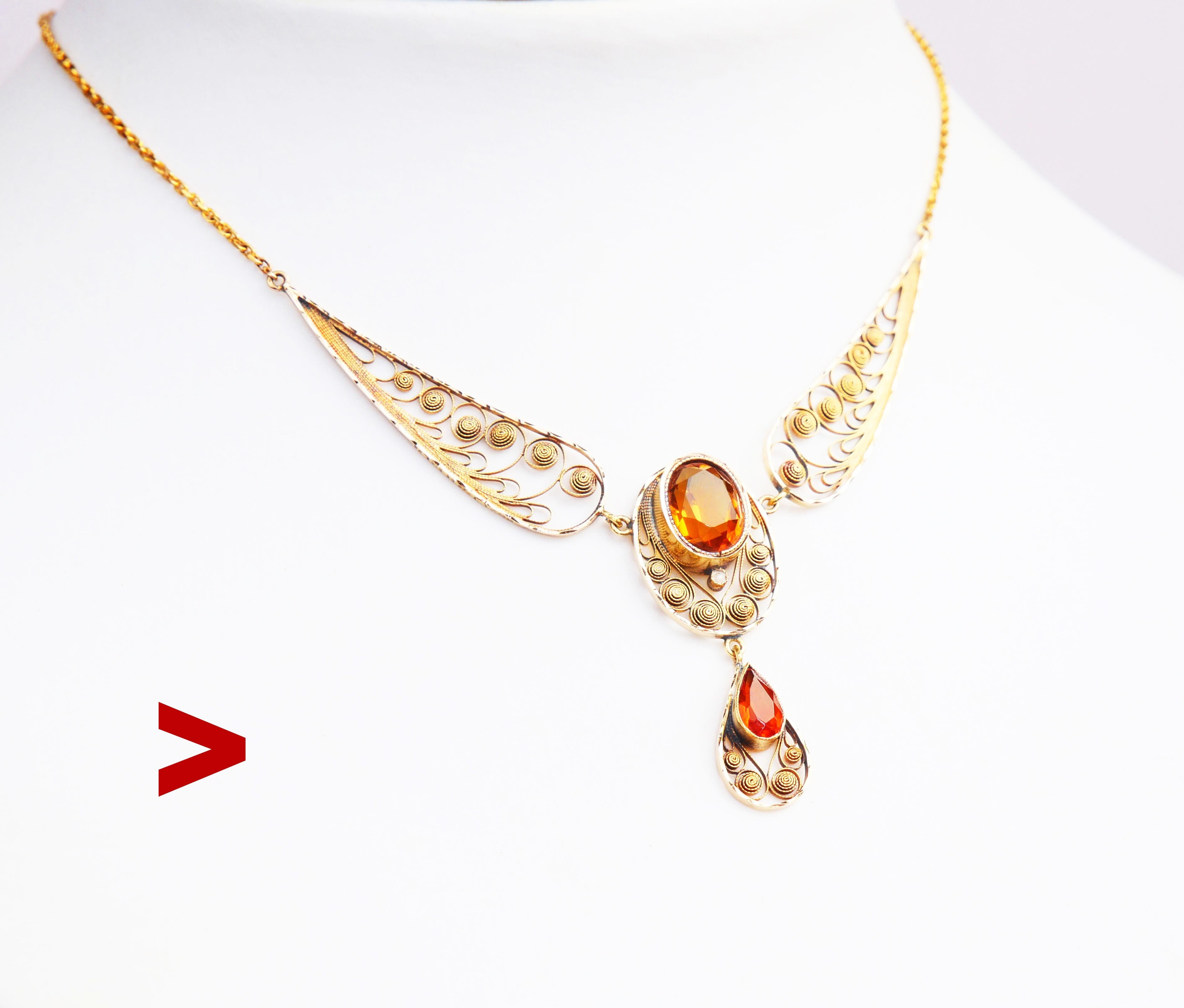 Antique hand-made Swedish necklace in solid 18K Yellow Gold. Delicate filigree work, oval and drop cut natural Citrine stones accented with tiny Seed Pearl.

The Citrines of Orange / Cognac color :  oval cut Citrine stone is 10 mm x 8 mm x 5 mm/