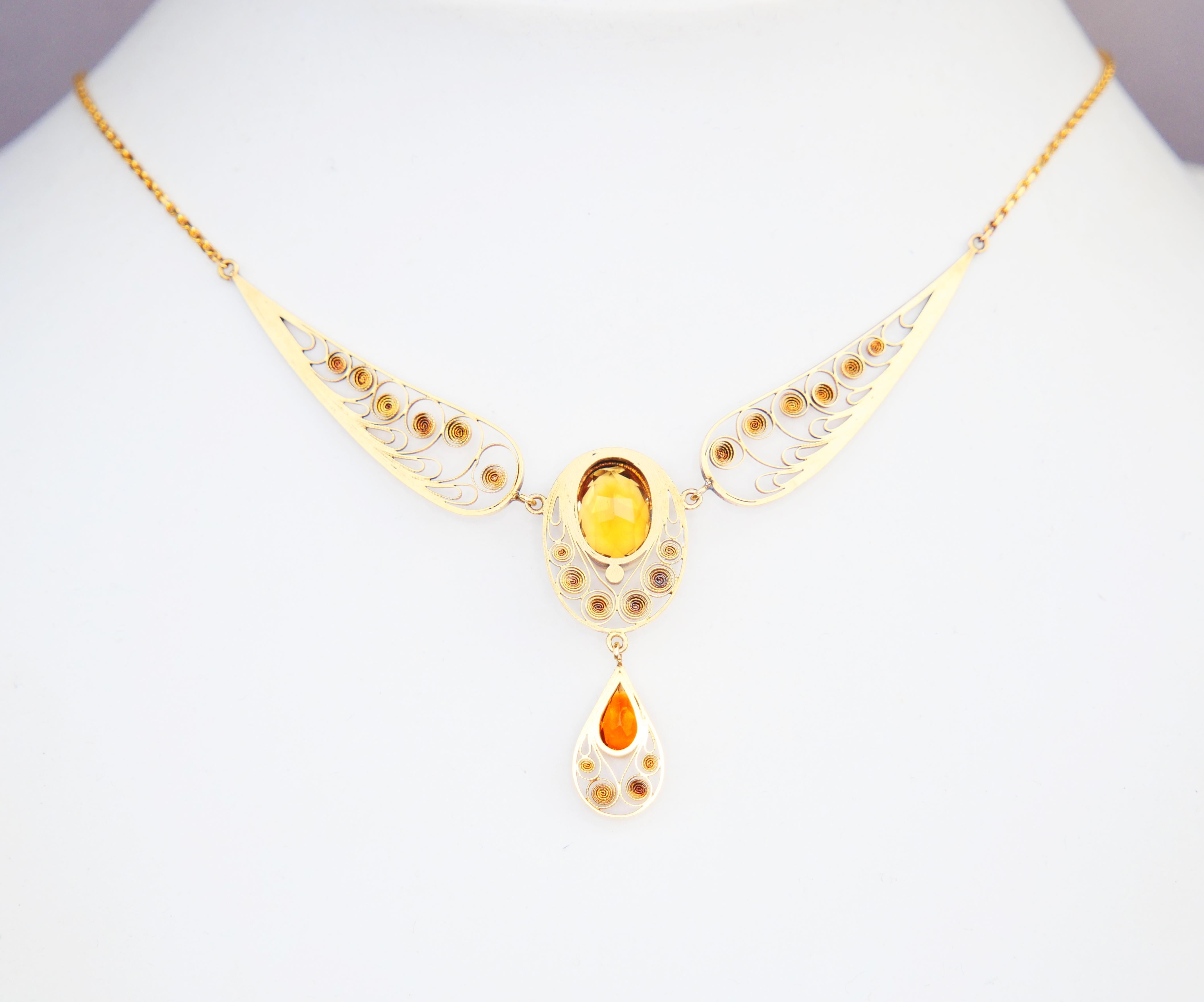 Taille vieille Europe Collier ancien en or massif 18 carats, 1916  Perle de rivière citrine filigrane / 7,7 g en vente