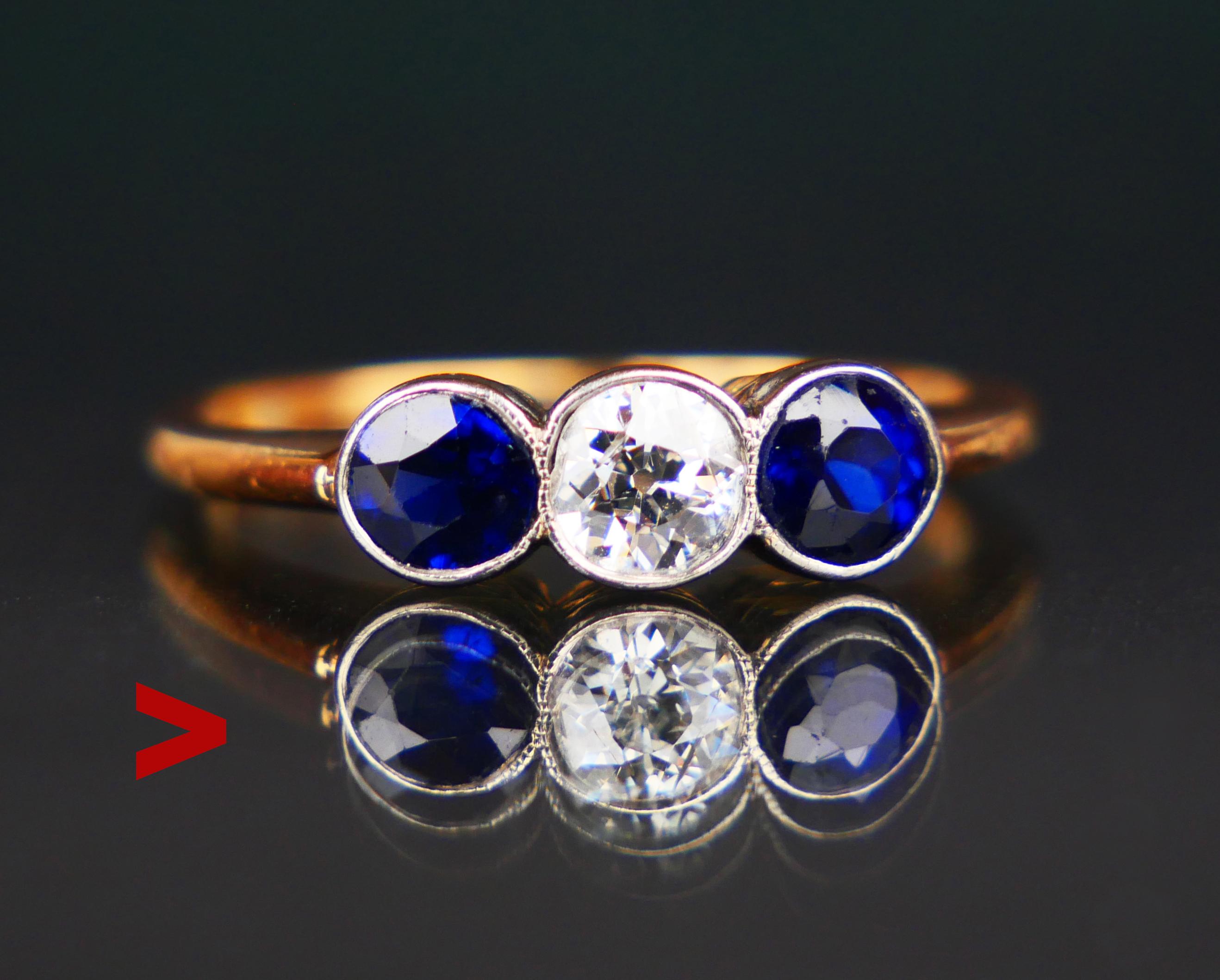 
Art Nouveau period three stones Diamond and Blue Sapphires Ring hand- made in 1916. This design with secure bezel clusters is perfect for everyday/ permanent wear.

Yellow metal in solid 18 k Gold. Crown measures: 13 mm x 5 wide x 4 mm deep with