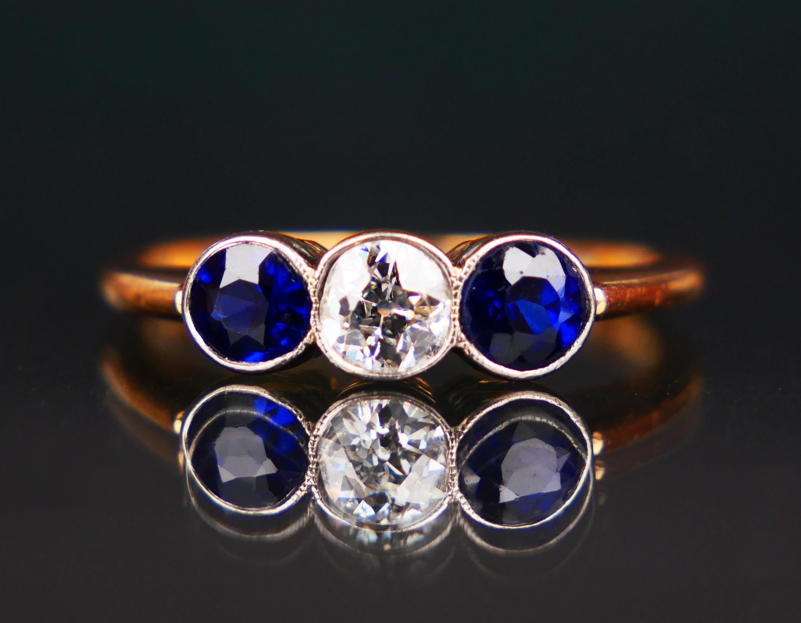 Art Nouveau 1916 Antique Ring 0.36ct Diamond 0.8ctw Sapphire 18K Gold Platinum ØUS5.75/2.5gr For Sale