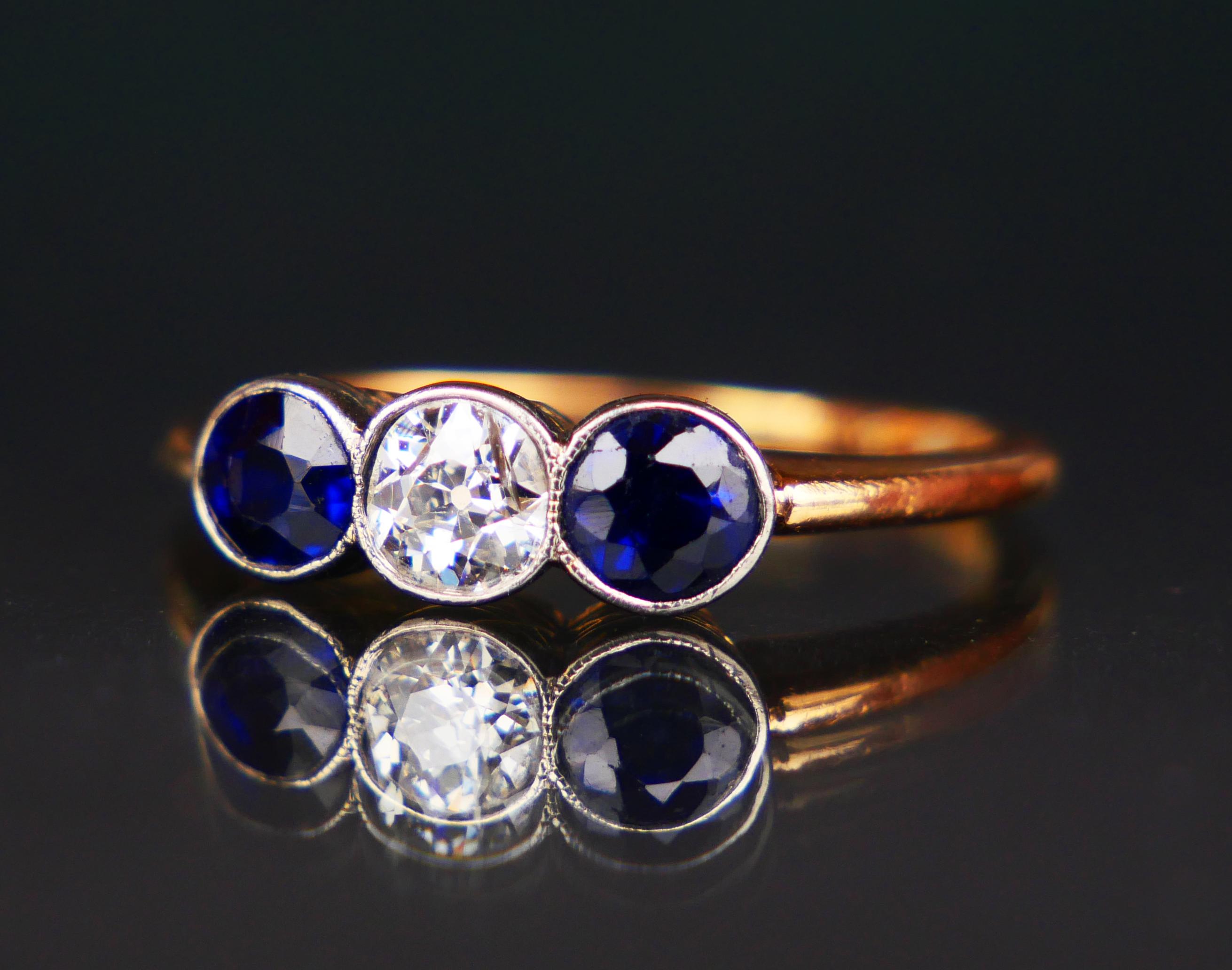 Old European Cut 1916 Antique Ring 0.36ct Diamond 0.8ctw Sapphire 18K Gold Platinum ØUS5.75/2.5gr For Sale