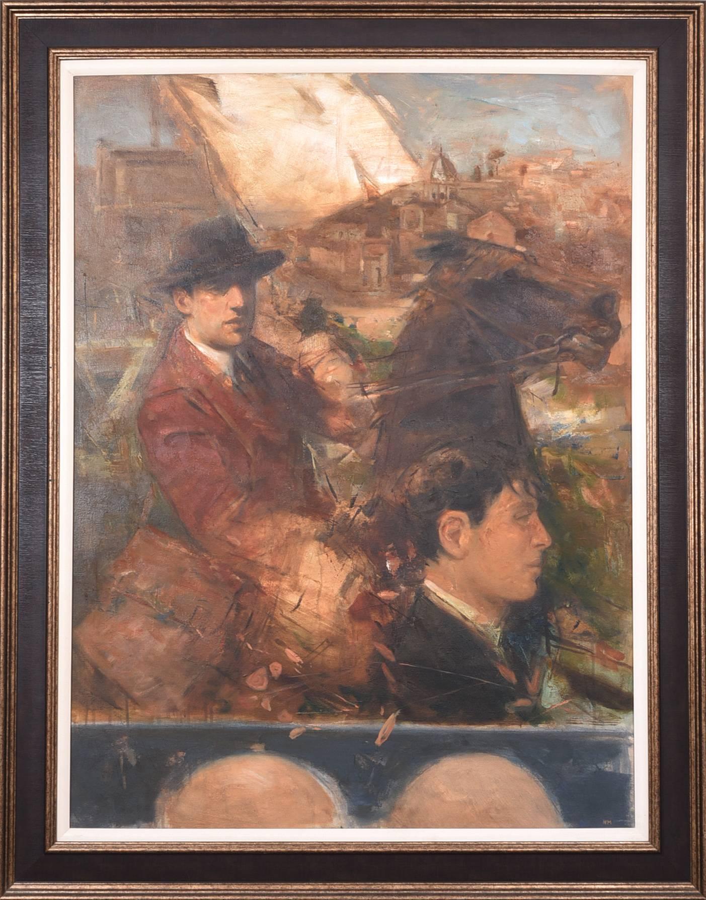Oil on canvas
Signed in Mono
Framed
Measure: 40 x 30 inches (47 x 37 inches framed)

W.B Yeats depicted in the foreground of the picture. 

The Easter Rising also known as the Easter Rebellion, was an armed insurrection in Ireland during