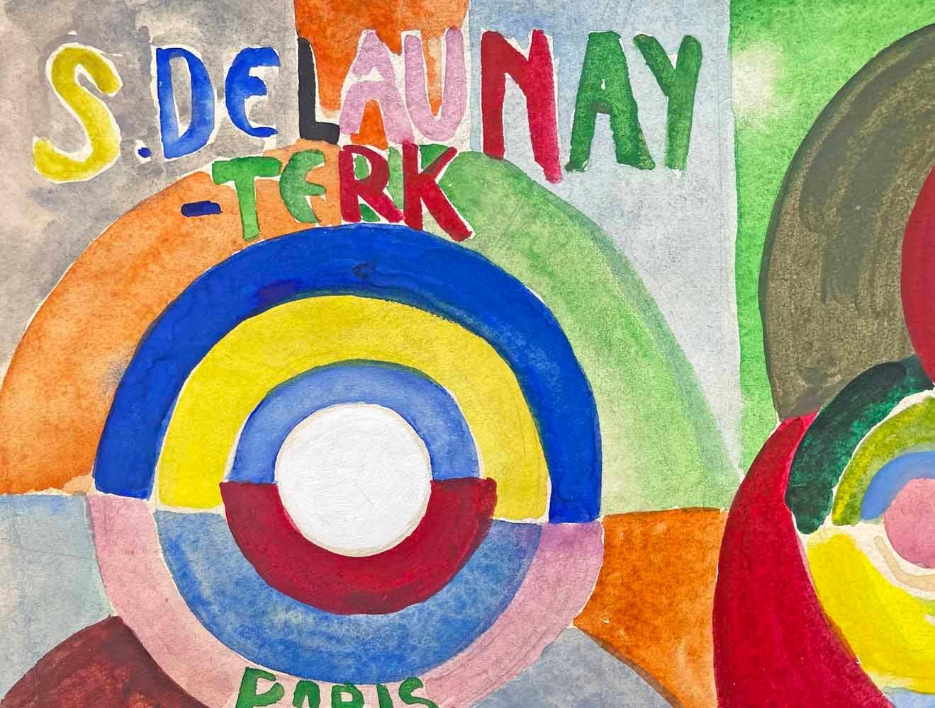 A vividly-hued and remarkable example of early abstract art which demonstrates the fascination that Sonia and Robert Delaunay had in color theory and intersecting geometries, this watercolor was a maquette painted in preparation for one of Sonia's