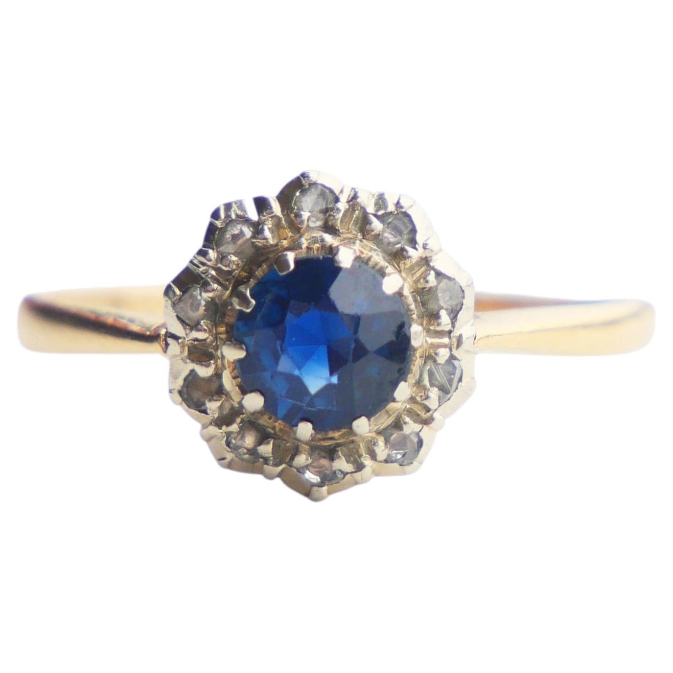 1916 Halo Ring natural 0.6ct. Sapphire Diamonds 18K Gold/ ØUS6/ 1.7gr