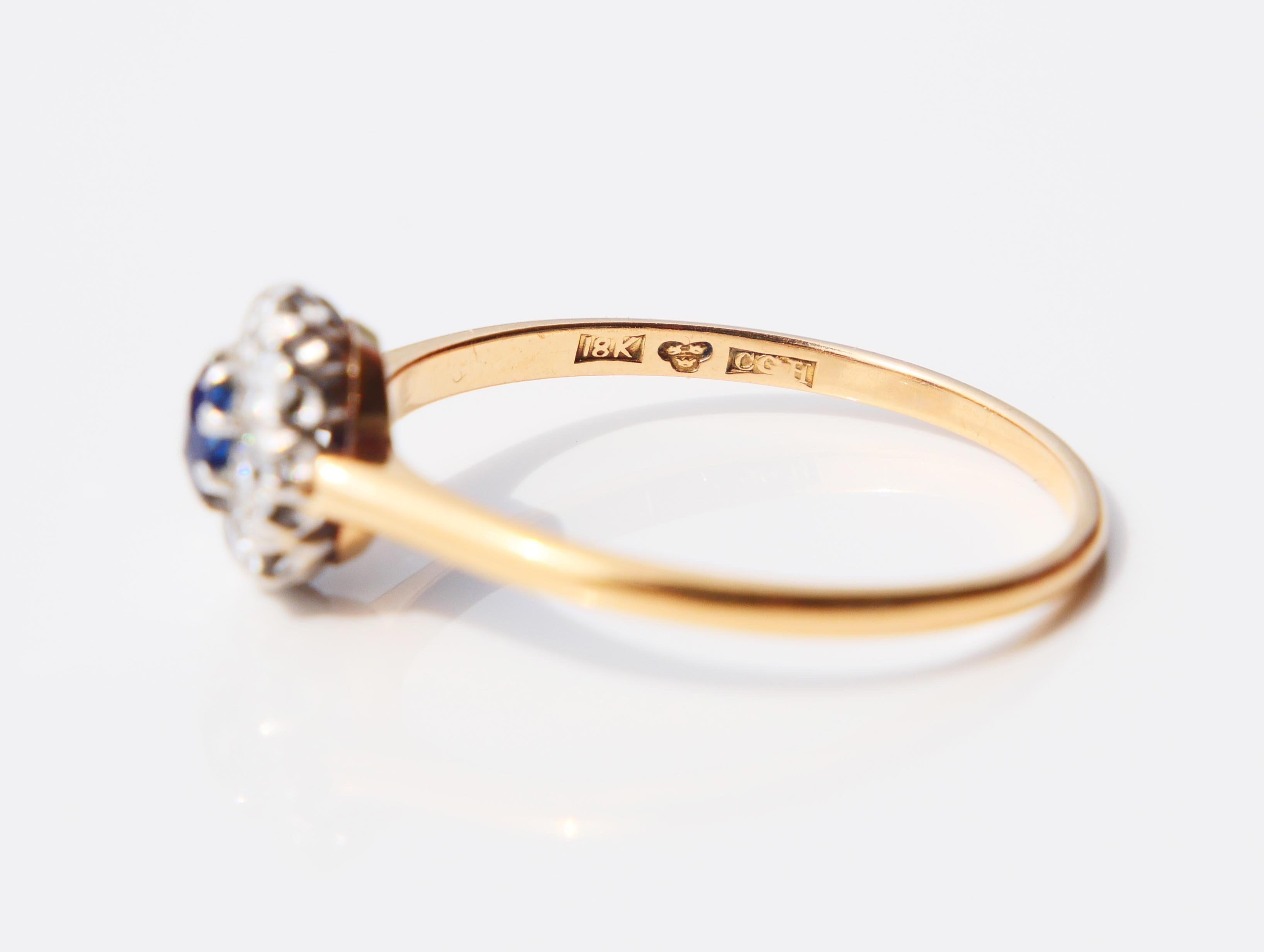 1916 Nordic Halo Ring 0.25 ct Sapphire Diamonds solid 18K Gold Ø 8.25 US /2.5gr For Sale 5