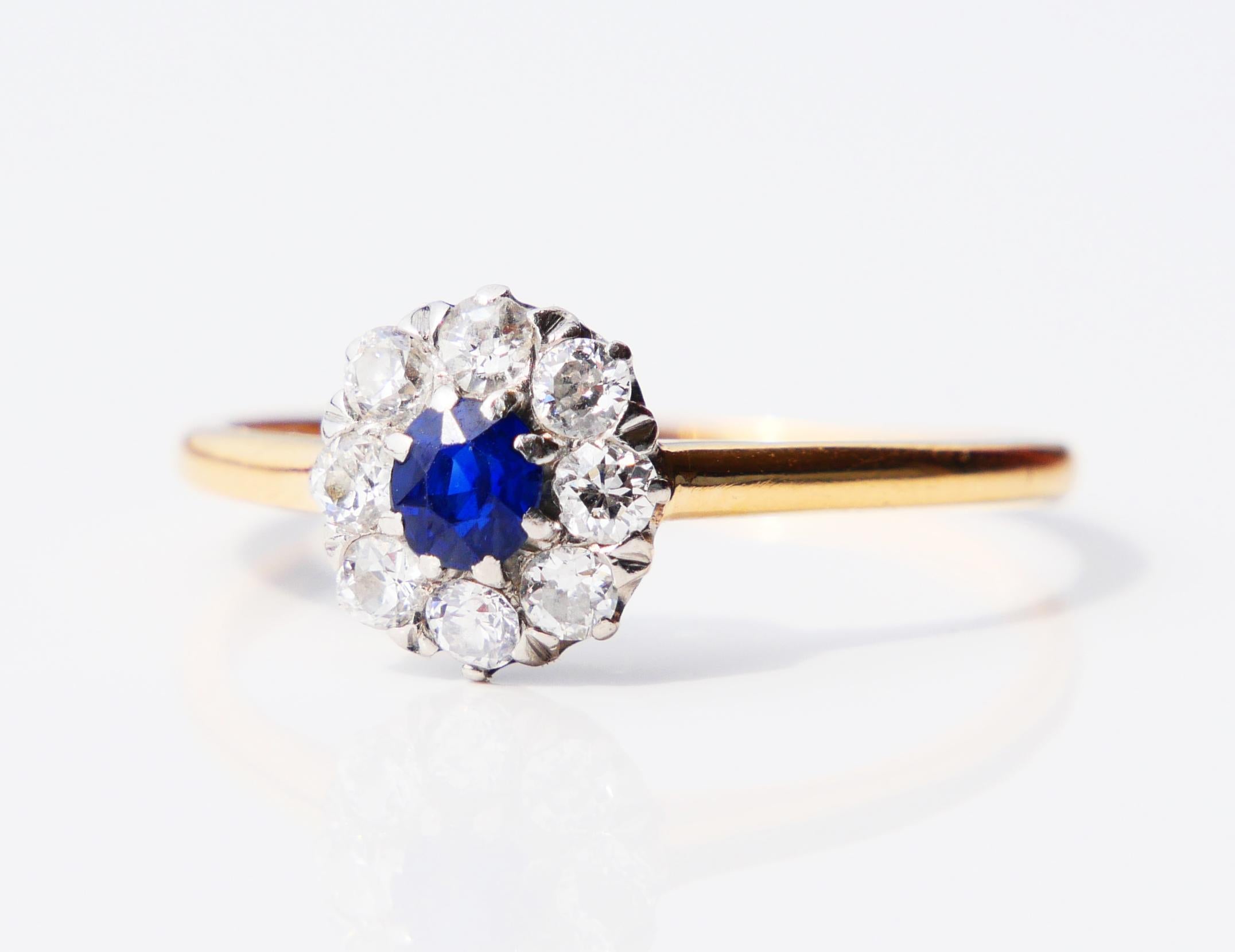 Art Nouveau 1916 Nordic Halo Ring 0.25 ct Sapphire Diamonds solid 18K Gold Ø 8.25 US /2.5gr For Sale