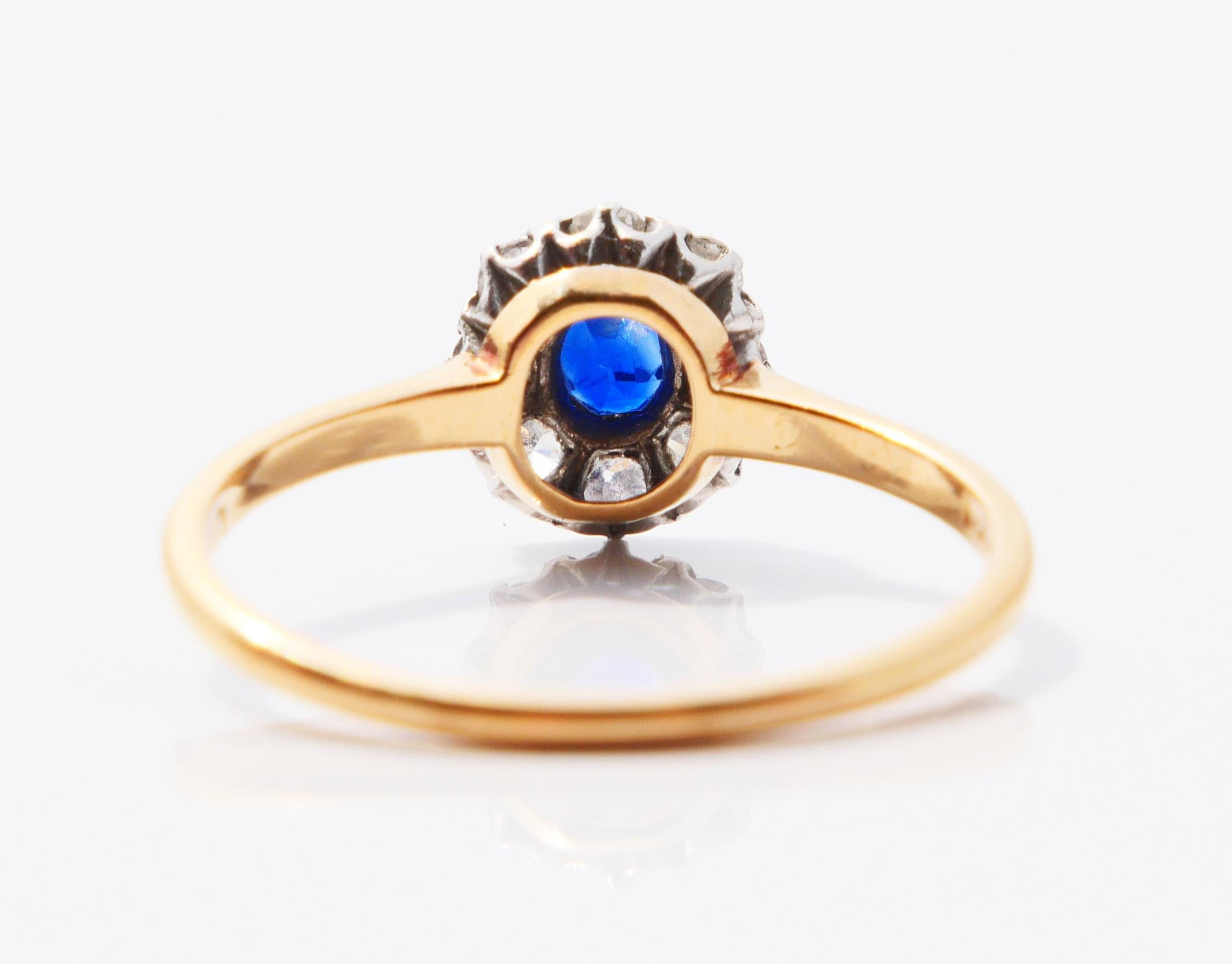 Old European Cut 1916 Nordic Halo Ring 0.25 ct Sapphire Diamonds solid 18K Gold Ø 8.25 US /2.5gr For Sale