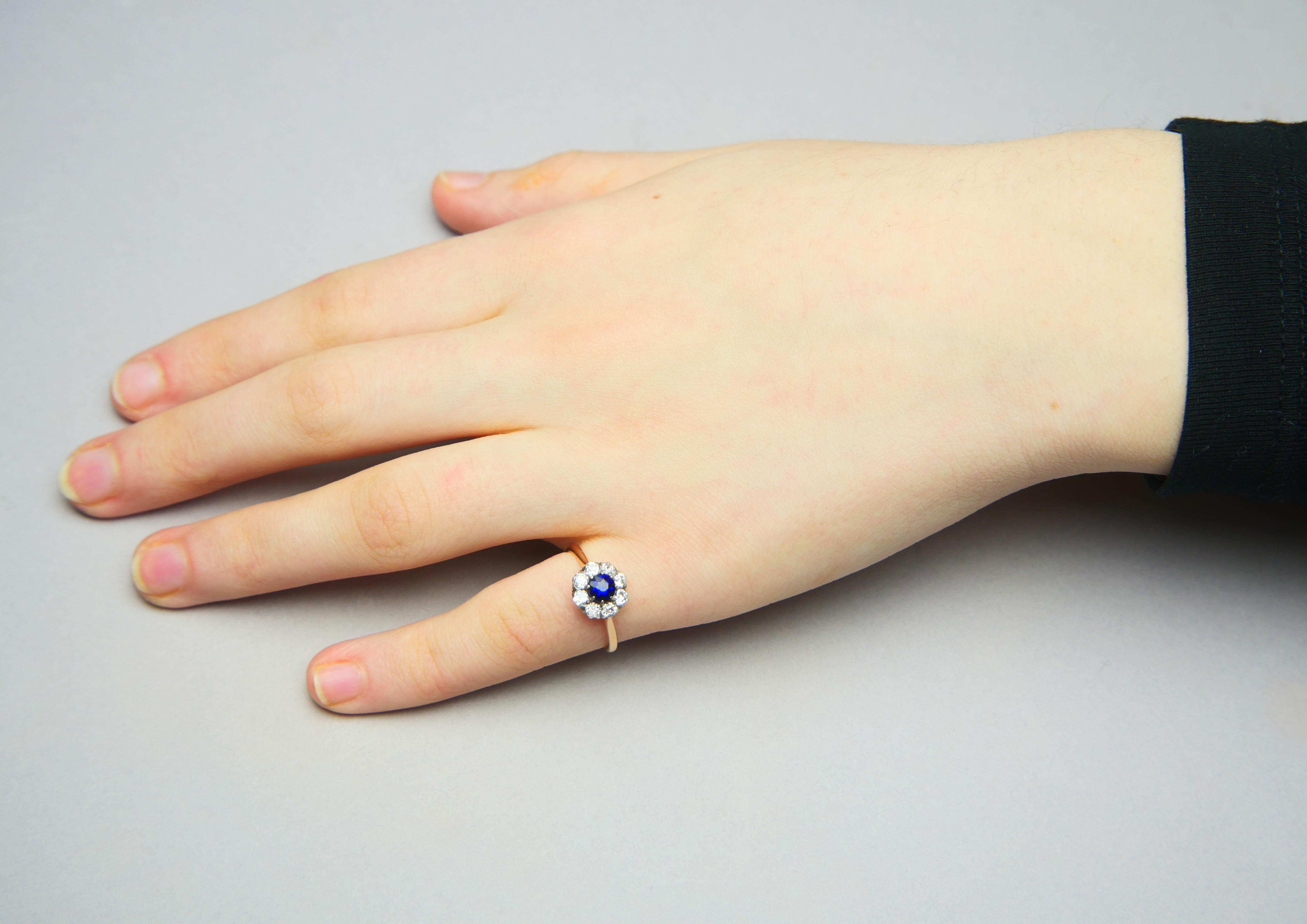 1916 Nordic Halo Ring 0.25 ct Sapphire Diamonds solid 18K Gold Ø 8.25 US /2.5gr For Sale 3