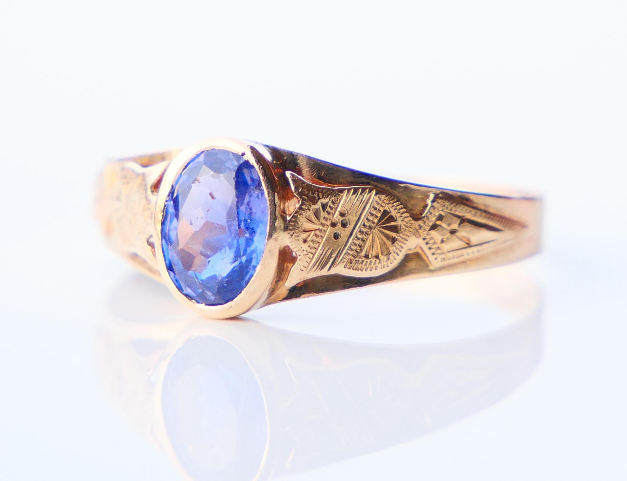 Art Deco 1916 Nordic Ring 1ct Bi-color natural Sapphire Blue Purple 18K Gold Ø8US/1.65gr For Sale