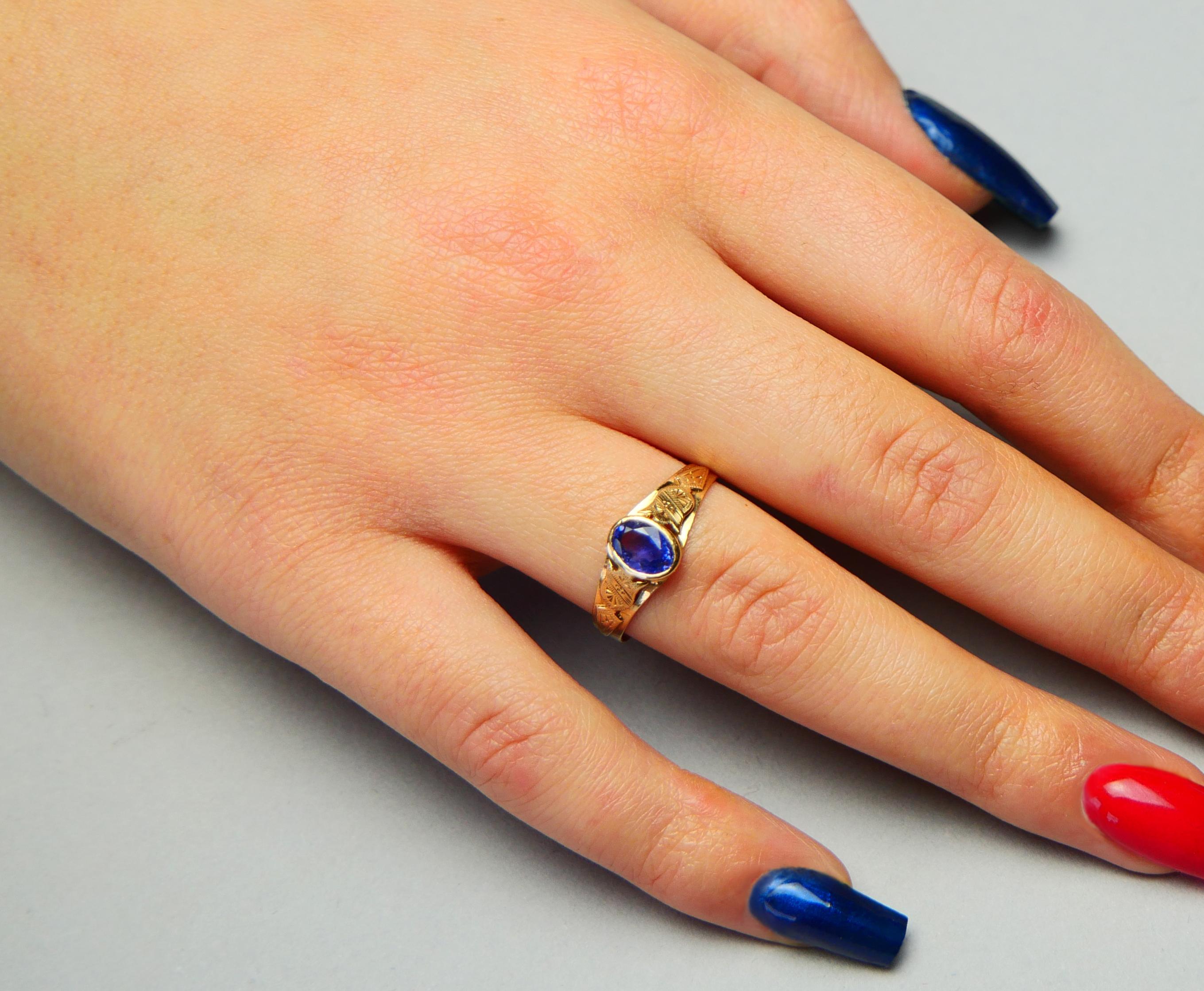 1916 Nordischer Ring 1ct Bi-color natürlicher Saphir Blau Lila 18K Gold Ø8US/1.65gr Damen im Angebot