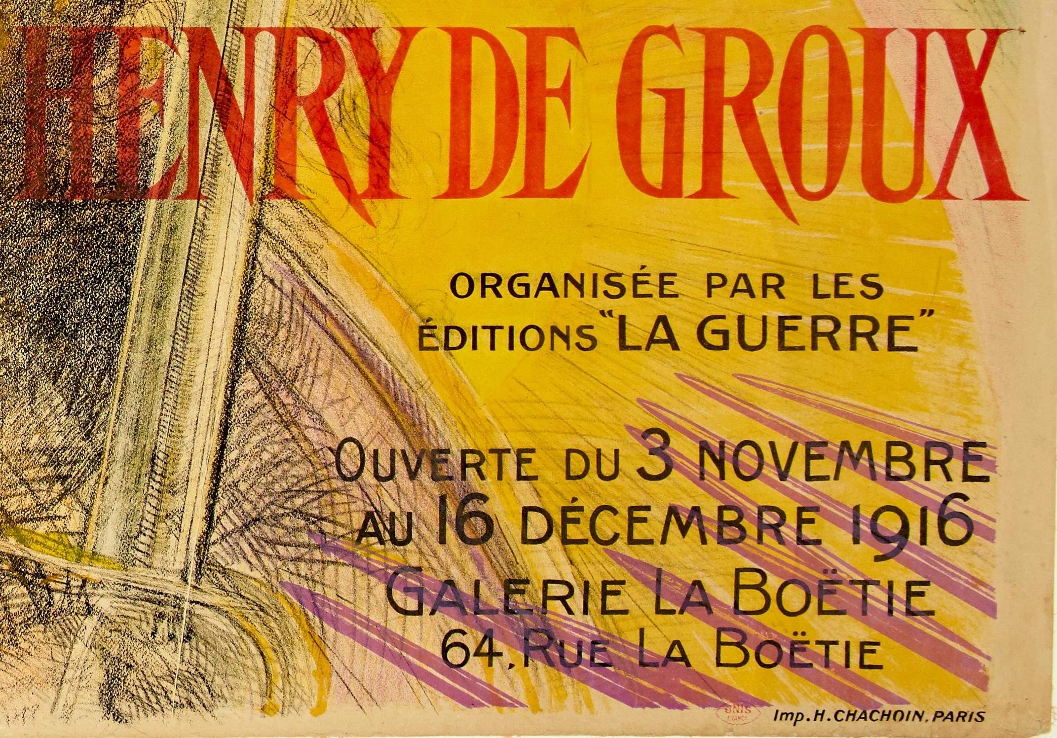 Début du 20ème siècle Affiche de 1916 par Henry De Groux « Exposition de l'œuvre de Guerre de Groux » Paris
