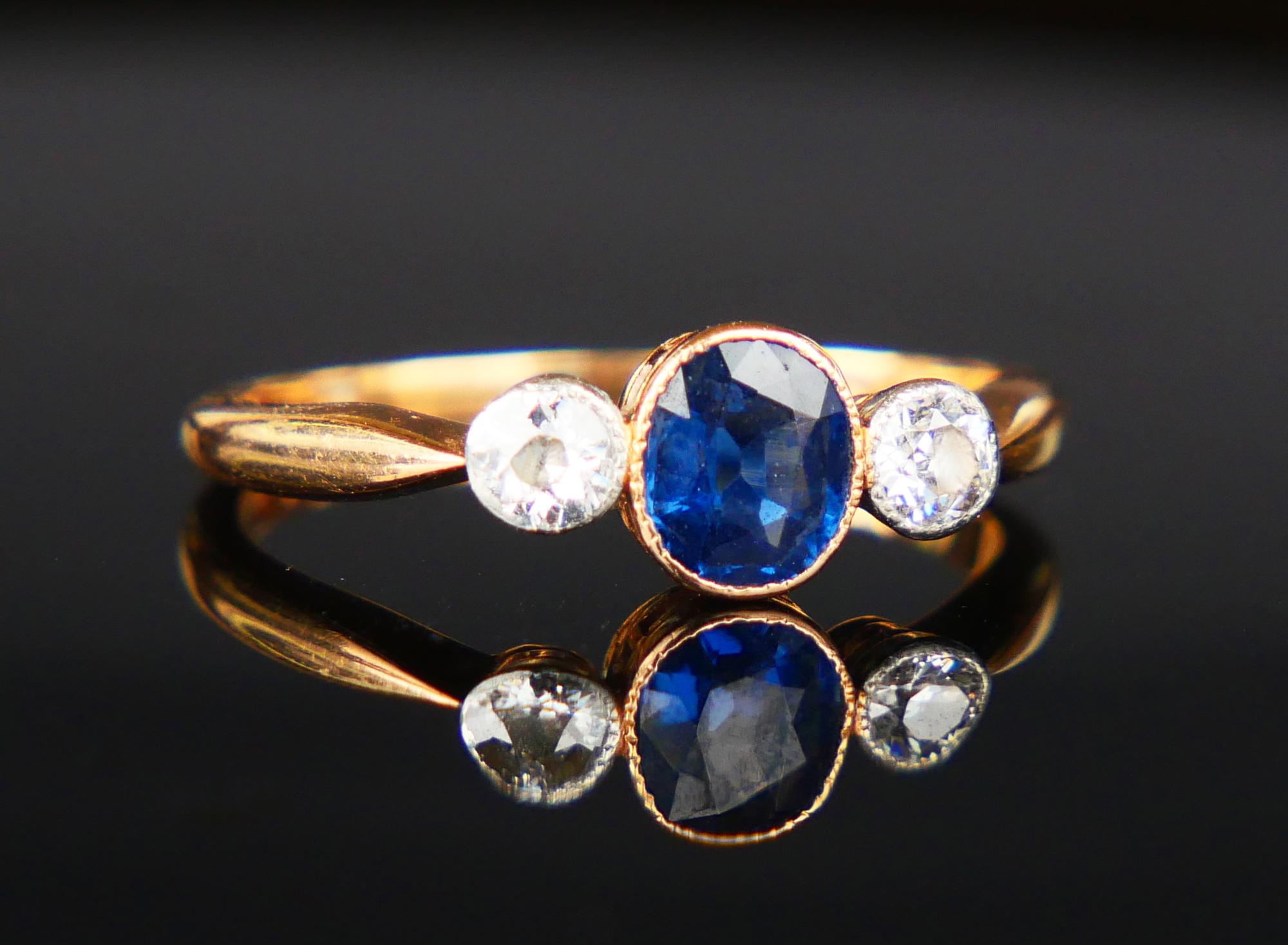1916 Ring natural 0.6ct. Sapphire 0.44 ctw Diamonds 18K Gold Platinum/ØUS6/2.5gr 5