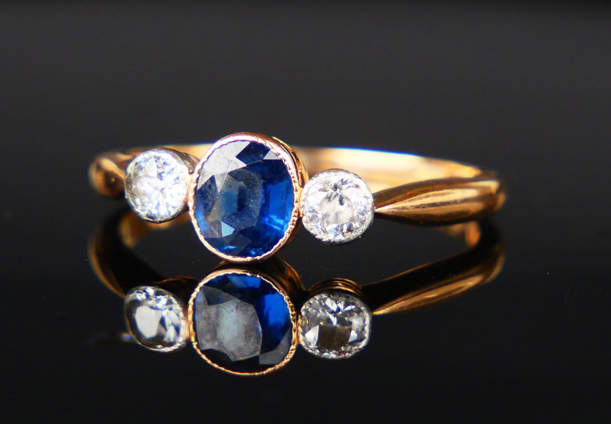 1916 Ring natural 0.6ct. Sapphire 0.44 ctw Diamonds 18K Gold Platinum/ØUS6/2.5gr 7