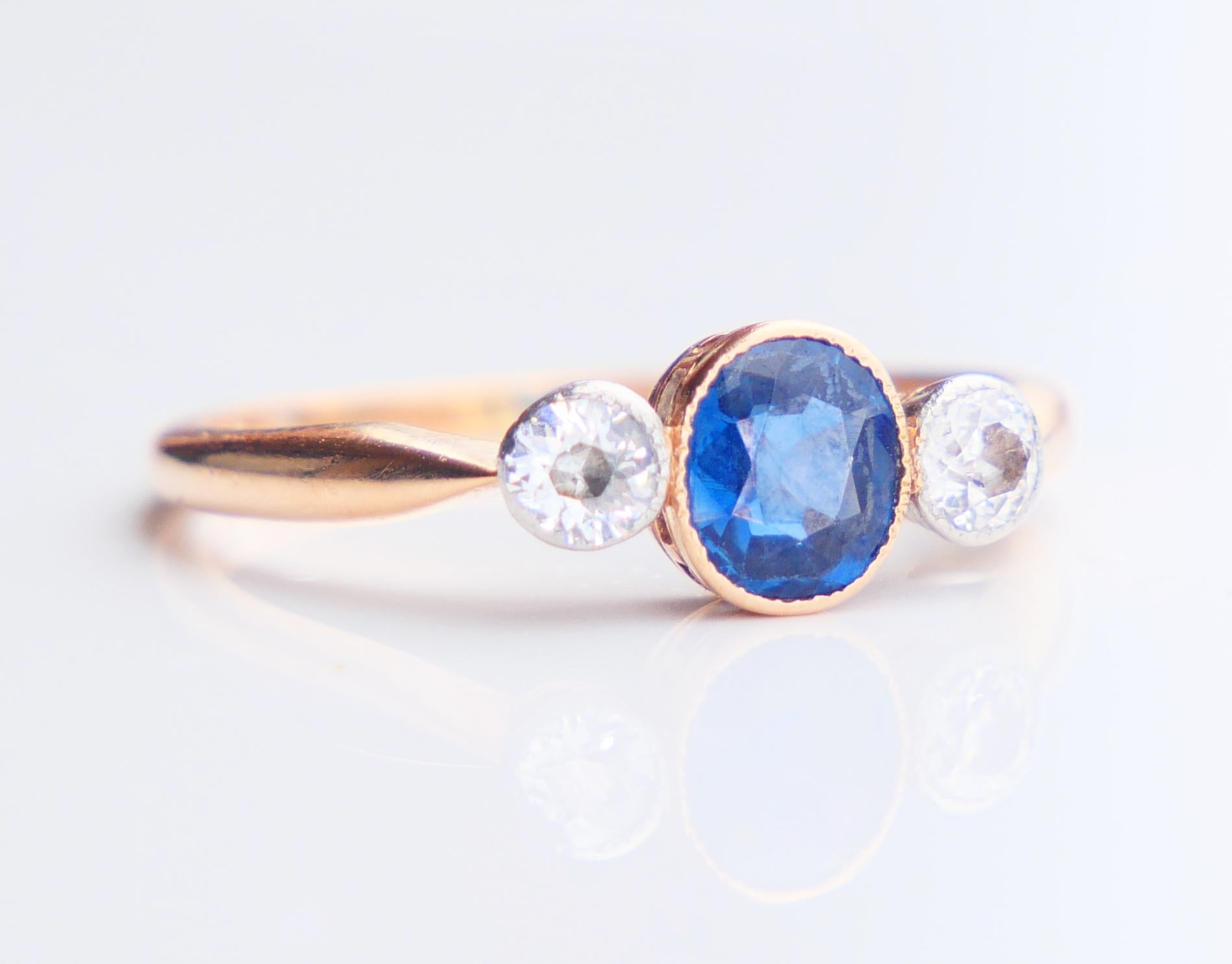 Art Nouveau 1916 Ring natural 0.6ct. Sapphire 0.44 ctw Diamonds 18K Gold Platinum/ØUS6/2.5gr