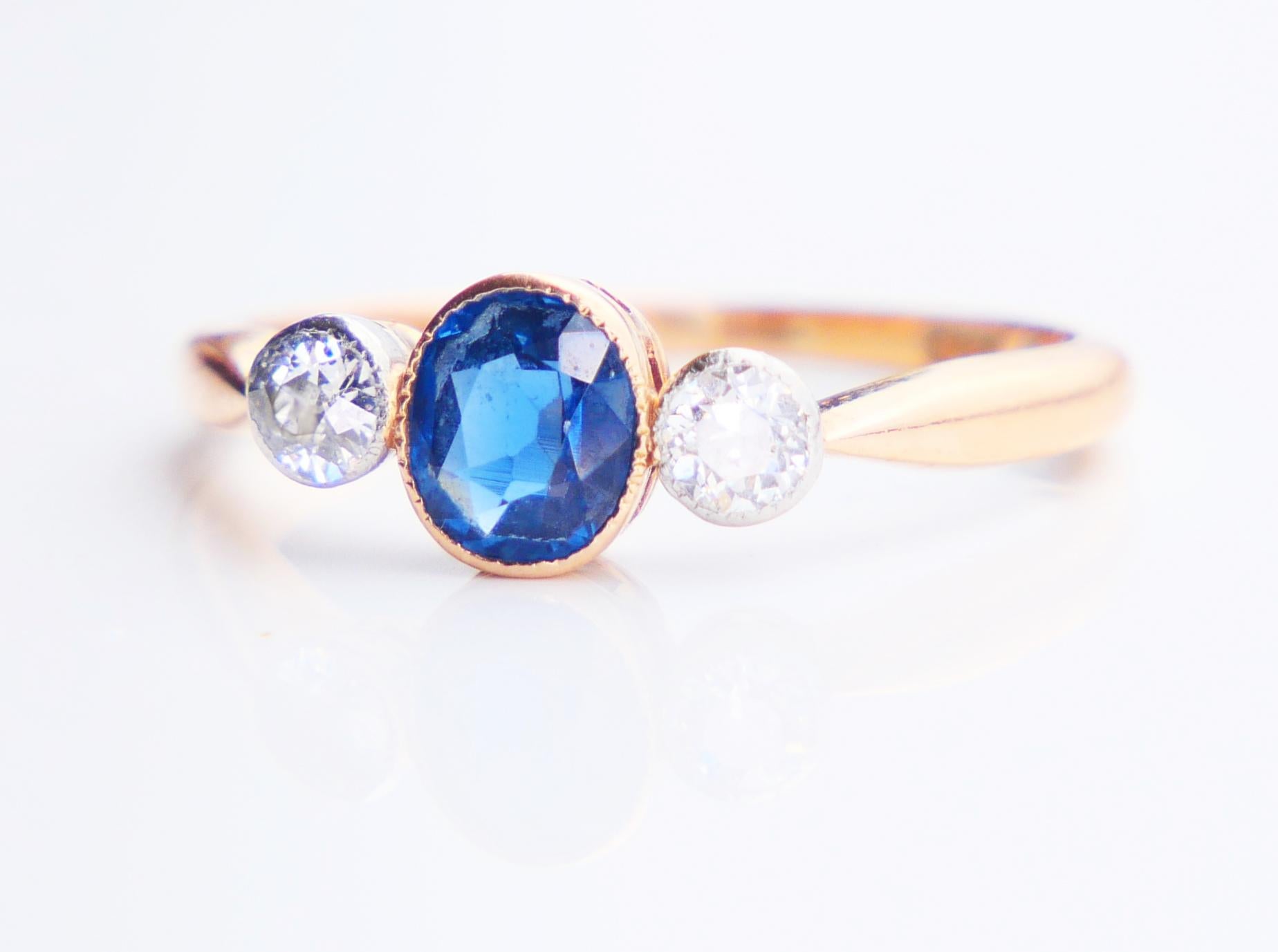 Old European Cut 1916 Ring natural 0.6ct. Sapphire 0.44 ctw Diamonds 18K Gold Platinum/ØUS6/2.5gr