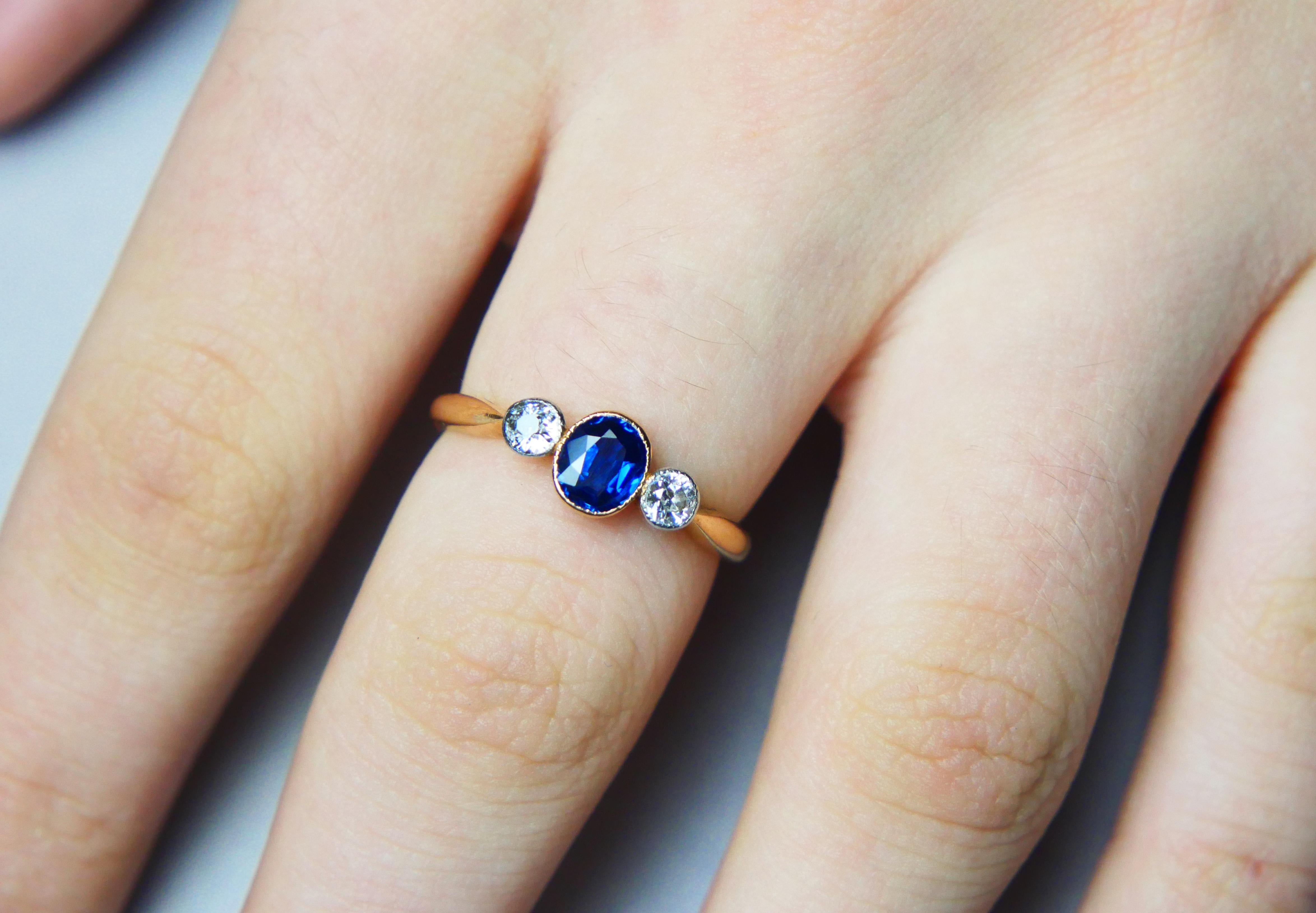 1916 Ring natural 0.6ct. Sapphire 0.44 ctw Diamonds 18K Gold Platinum/ØUS6/2.5gr 2