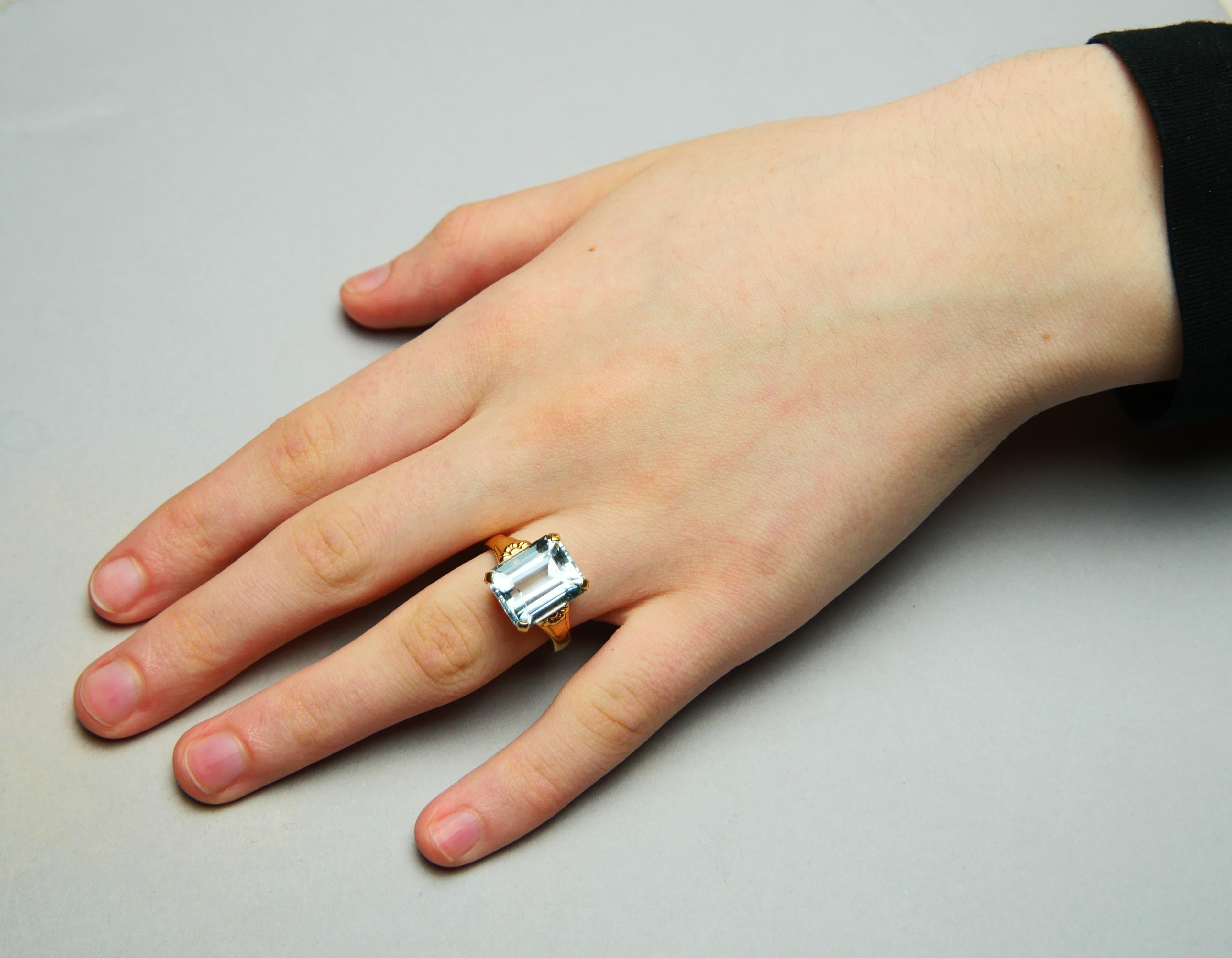1916 Bague aigue-marine naturelle 8ct or massif 18K Ø8.25 US / 8.6 gr en vente 5