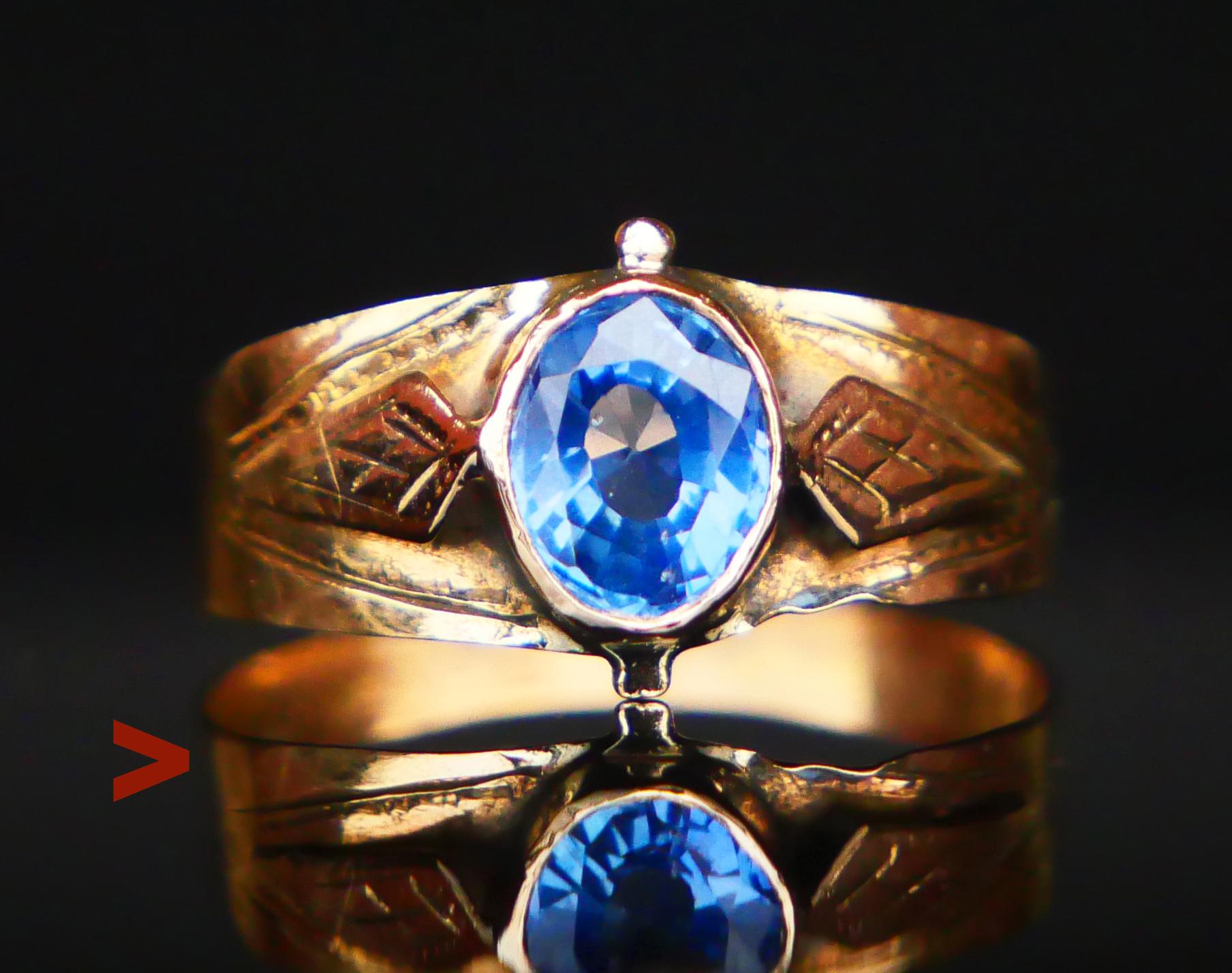 A Ring with engraved ornaments featuring a bezel set natural  Sapphire of light Blue / or Cornflower Blue color oval cut 5.5 x 4.5 x 2.8  mm deep / ca. 0.75 ct. This stone demonstrates internal structure typical for naturals.

Swedish hallmarks,