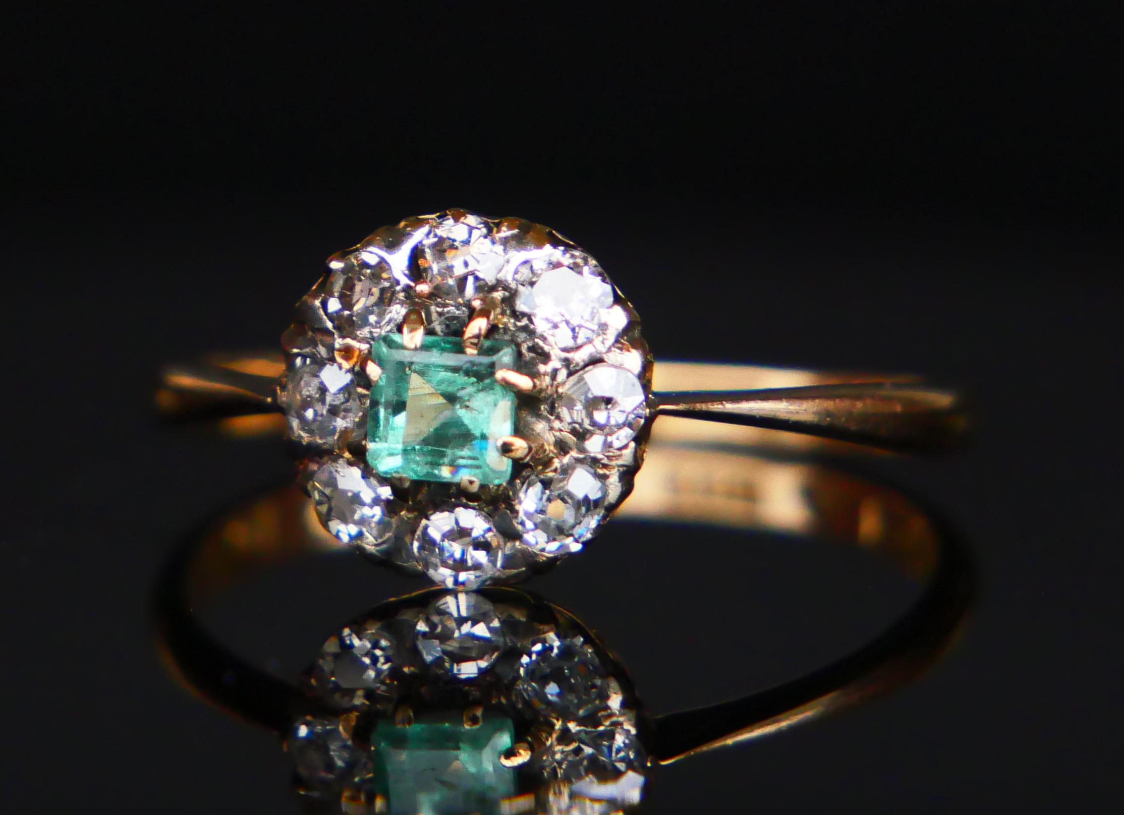 1916 Ring natural Emerald Diamonds solid 18K Gold Ø US7/ 2.2gr For Sale 6