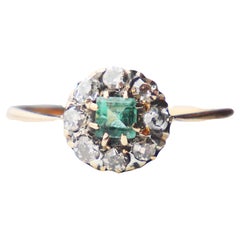 1916 Ring natural Emerald Diamonds solid 18K Gold Ø US7/ 2.2gr