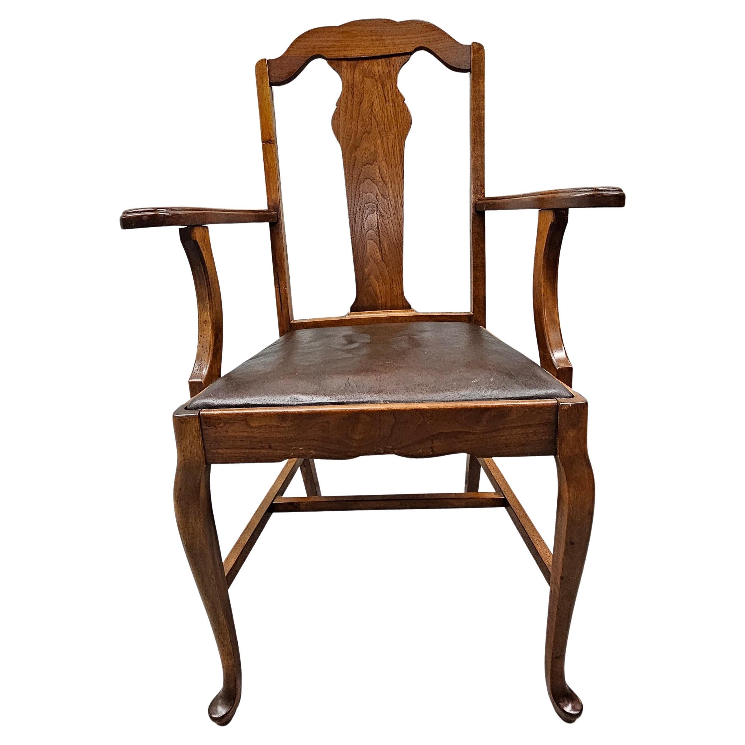 1916 Sikes Furniture Walnut & Leather Upholstered Seat Armchair For Sale