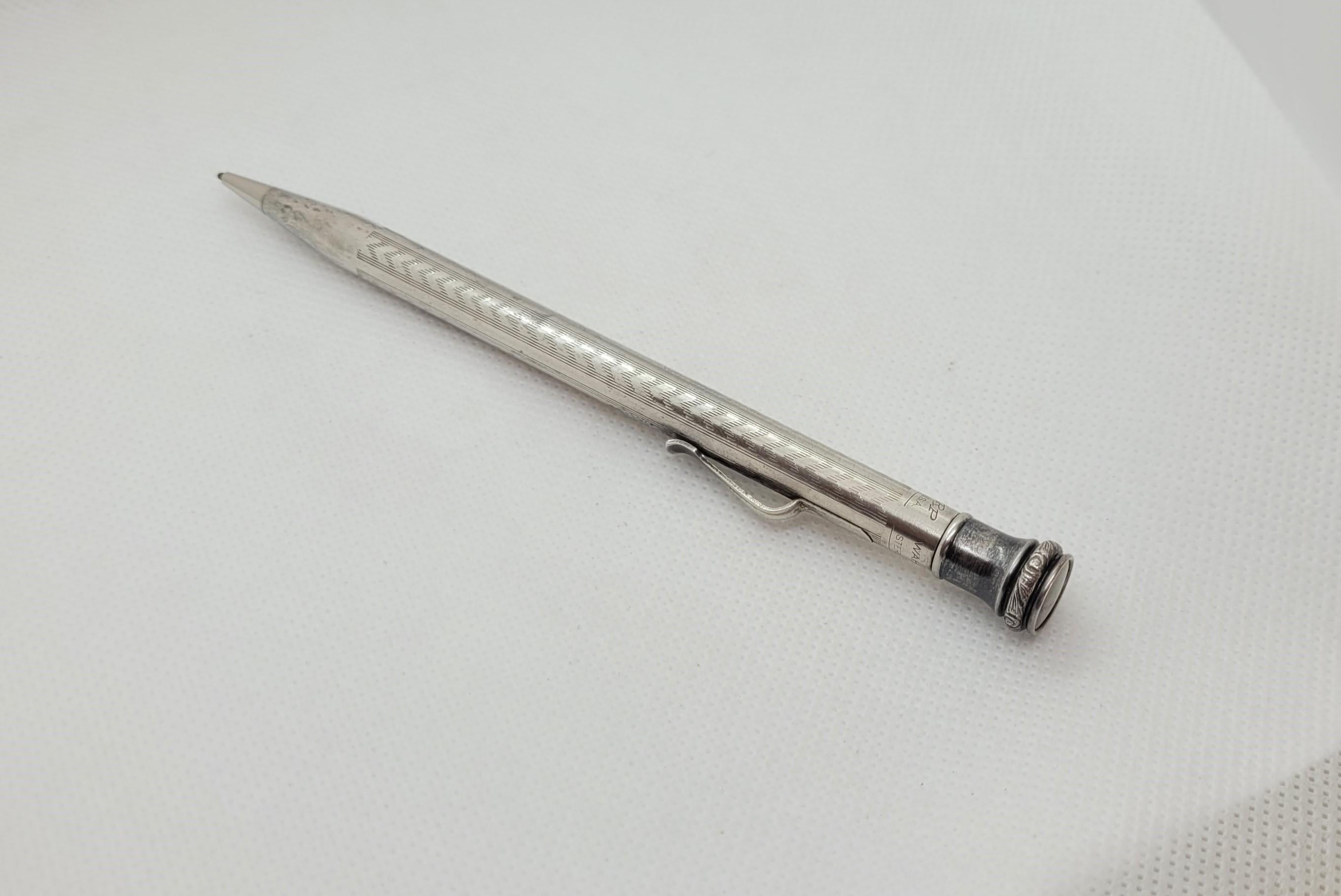 1916 rare sterling silver Wahl Eversharp pencil, hand-engraved, 5.25 Inches, 20.5 Gr, works and has lead. Made in the USA, trowel clip, and in nice condition, the first Wahl production, but predating Wahl's takeover;  