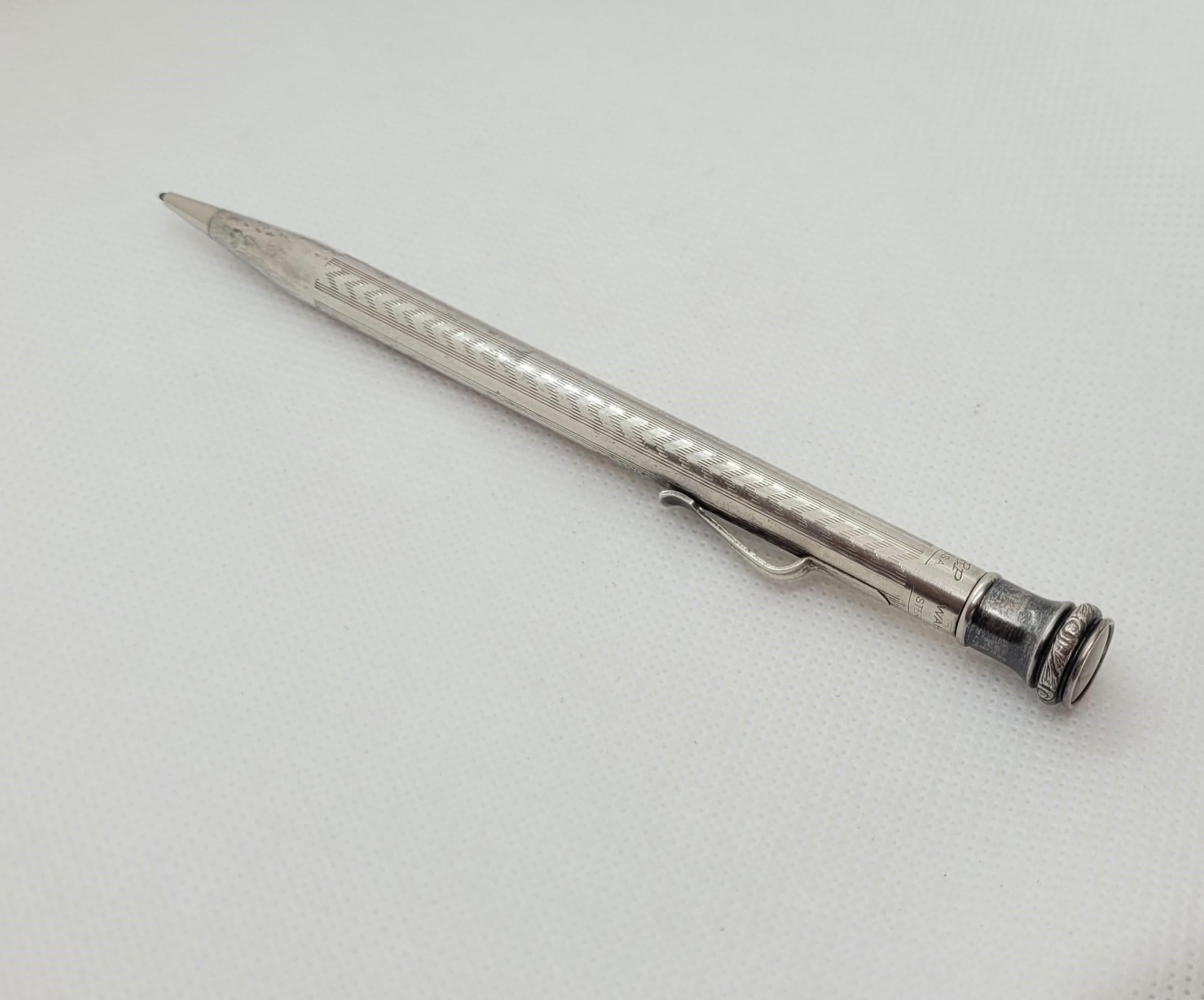 1916 Sterling Silver Wahl Eversharp Pencil, Handengraved, 5.25 In, 20.5 Gr, Rare In Good Condition In Rancho Santa Fe, CA
