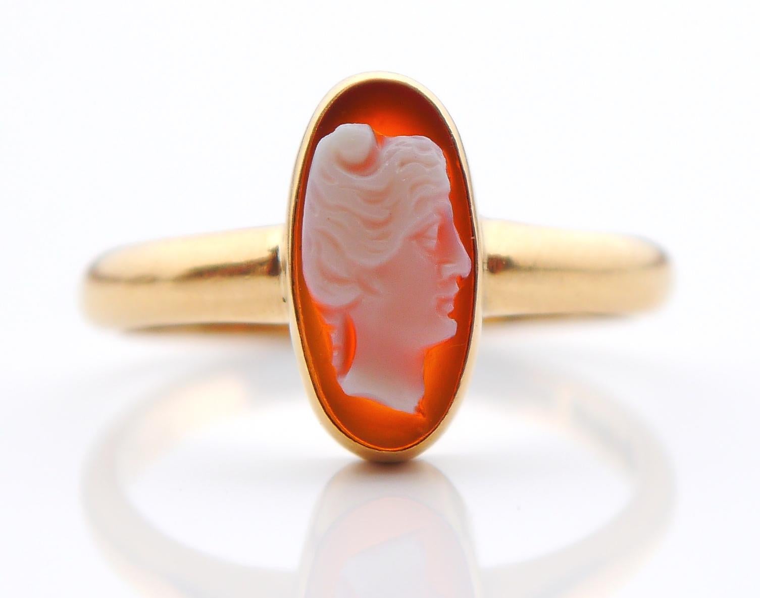 1917 Antique Signet Carnelian Stone Cameo solid Ring 18K Gold ØUS 7.75 / 2.8gr For Sale 4