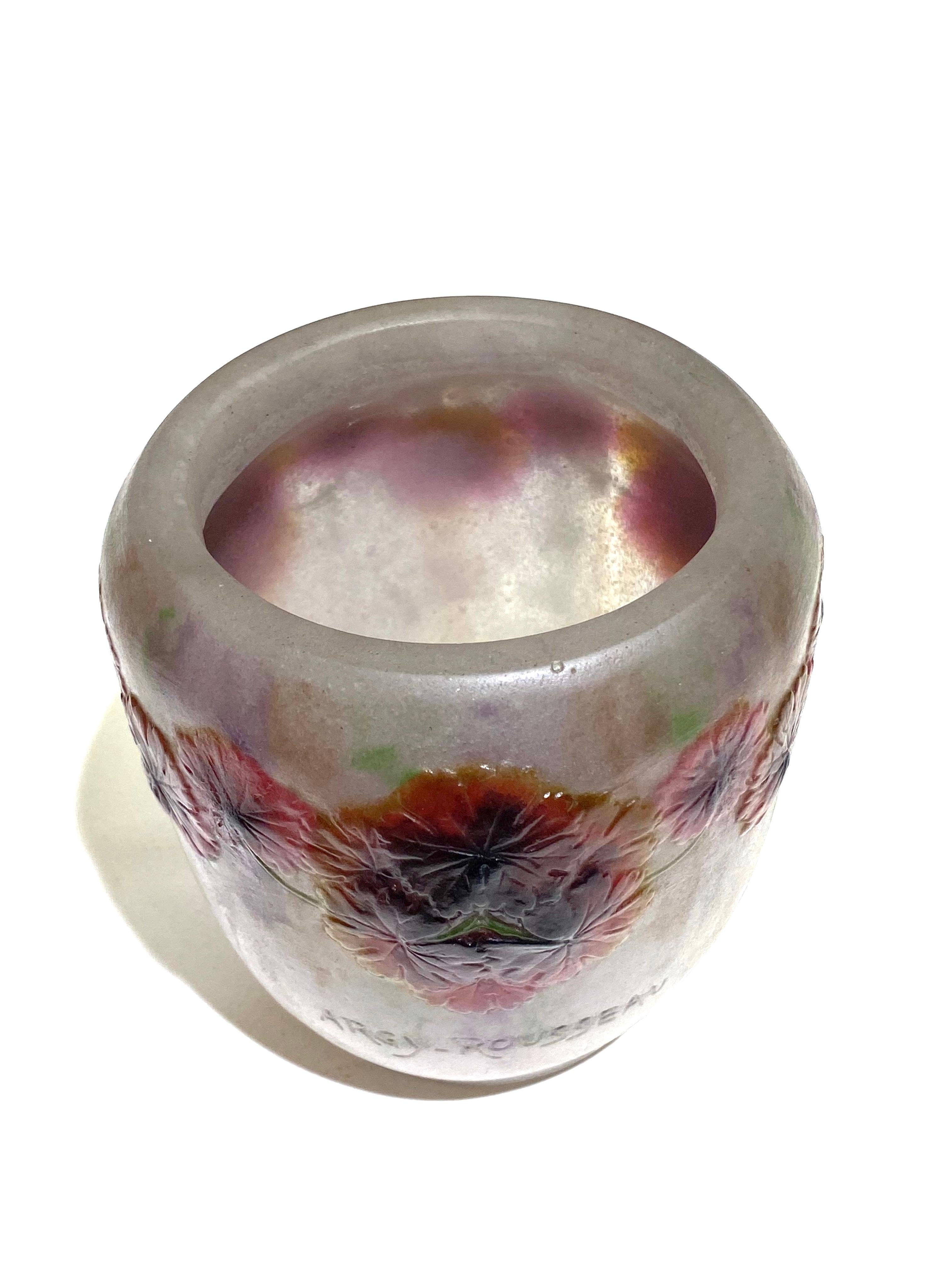 French 1917 Gabriel Argy-Rousseau Geranium Sauvage Vase in Pate de Verre Cameo Glass