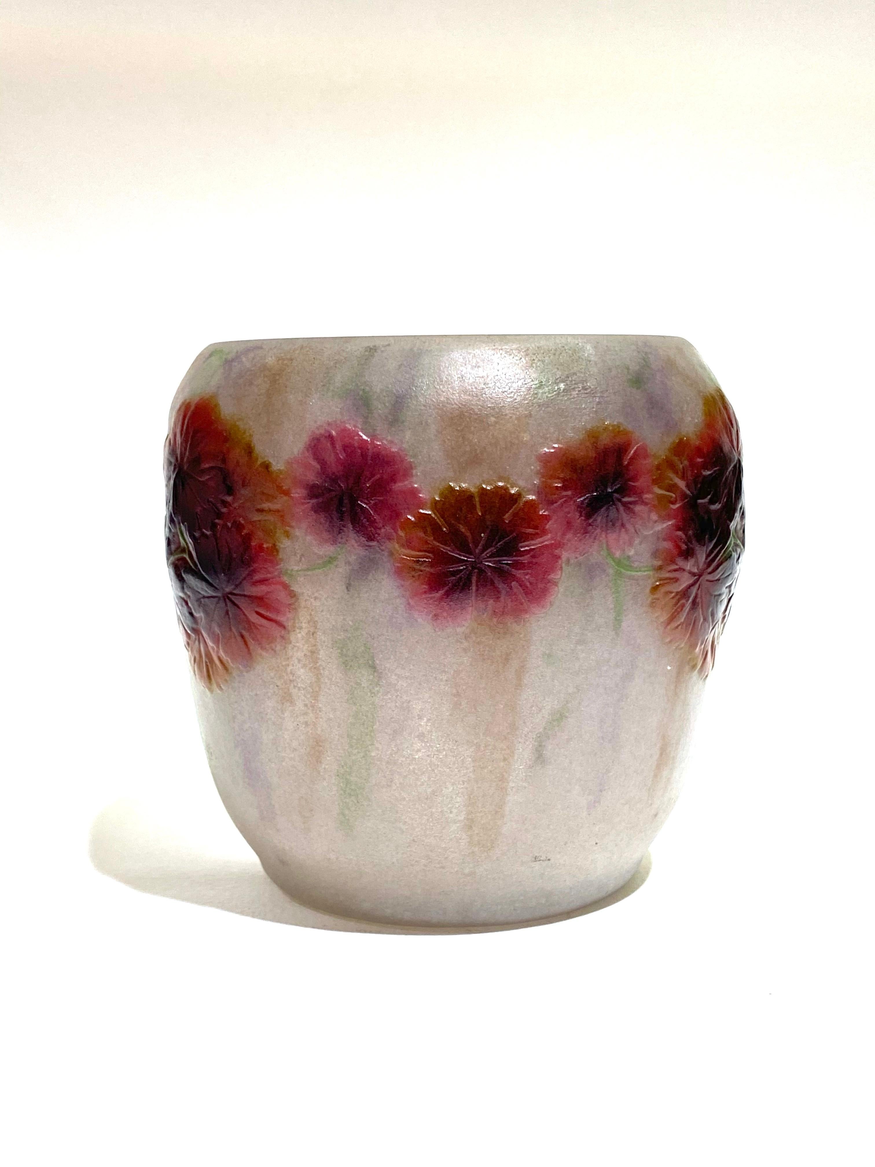 Molded 1917 Gabriel Argy-Rousseau Geranium Sauvage Vase in Pate de Verre Cameo Glass