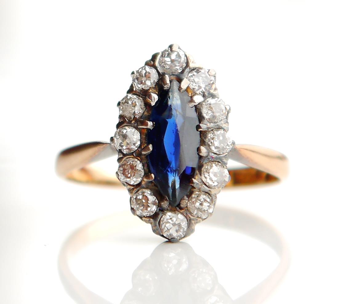 1917 Halo Ring Natural 1ct Sapphire Diamonds solid 18K Gold Silver ØUS6 / 2.4gr For Sale 6