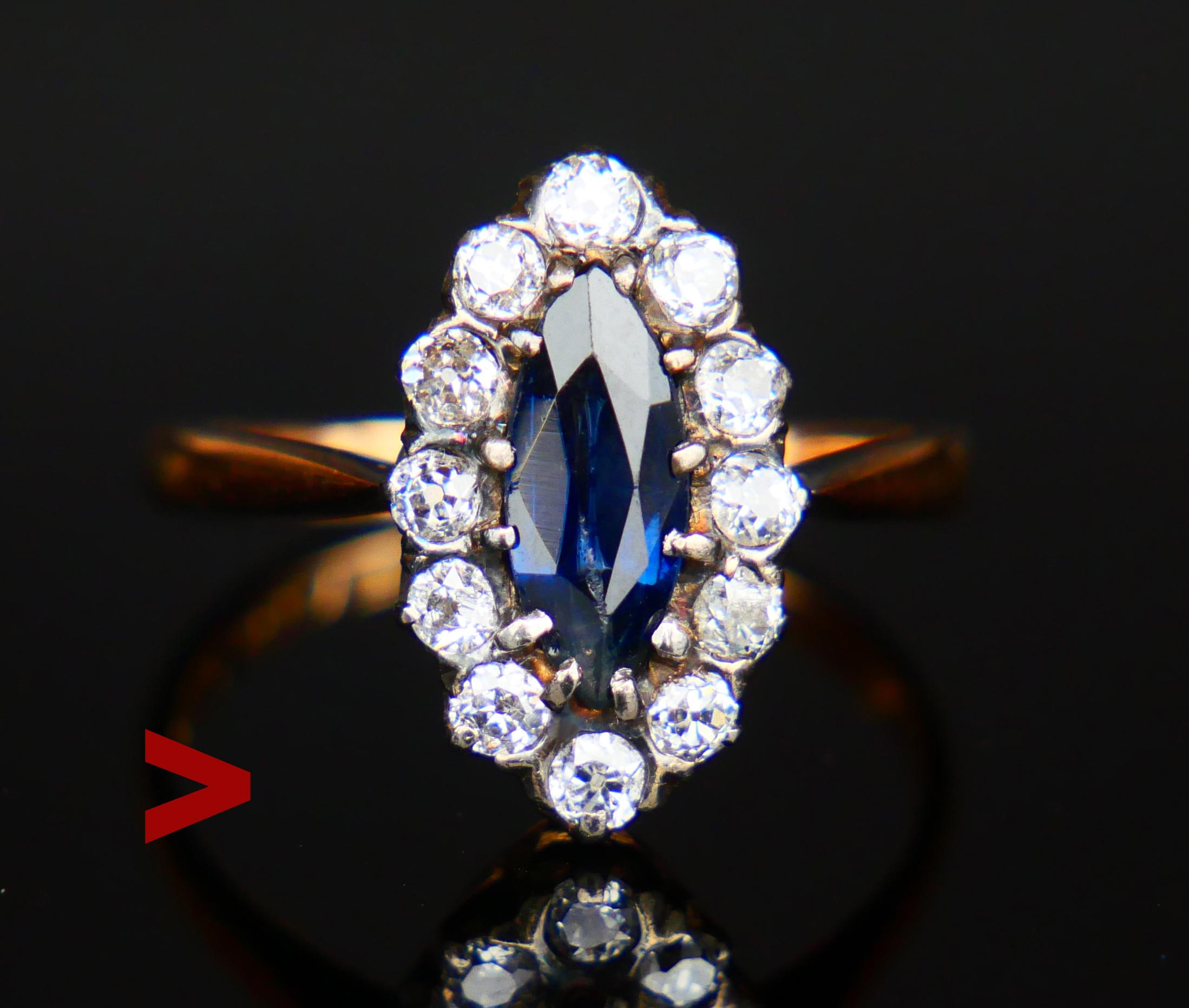 This ring has a navette or boat-shaped crown with Silver or White Gold clusters melted into a solid 18K Rose Gold base. The central stone is marquise cut natural Blue Sapphire surrounded with 12 old diamond cut Diamonds.

Swedish hallmarks,