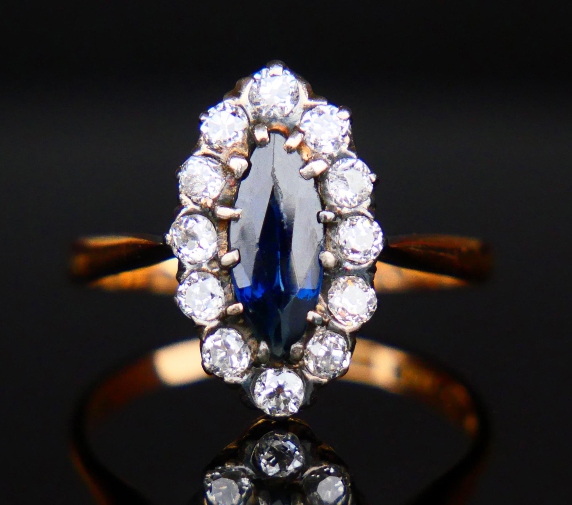 Art Nouveau 1917 Halo Ring Natural 1ct Sapphire Diamonds solid 18K Gold Silver ØUS6 / 2.4gr For Sale