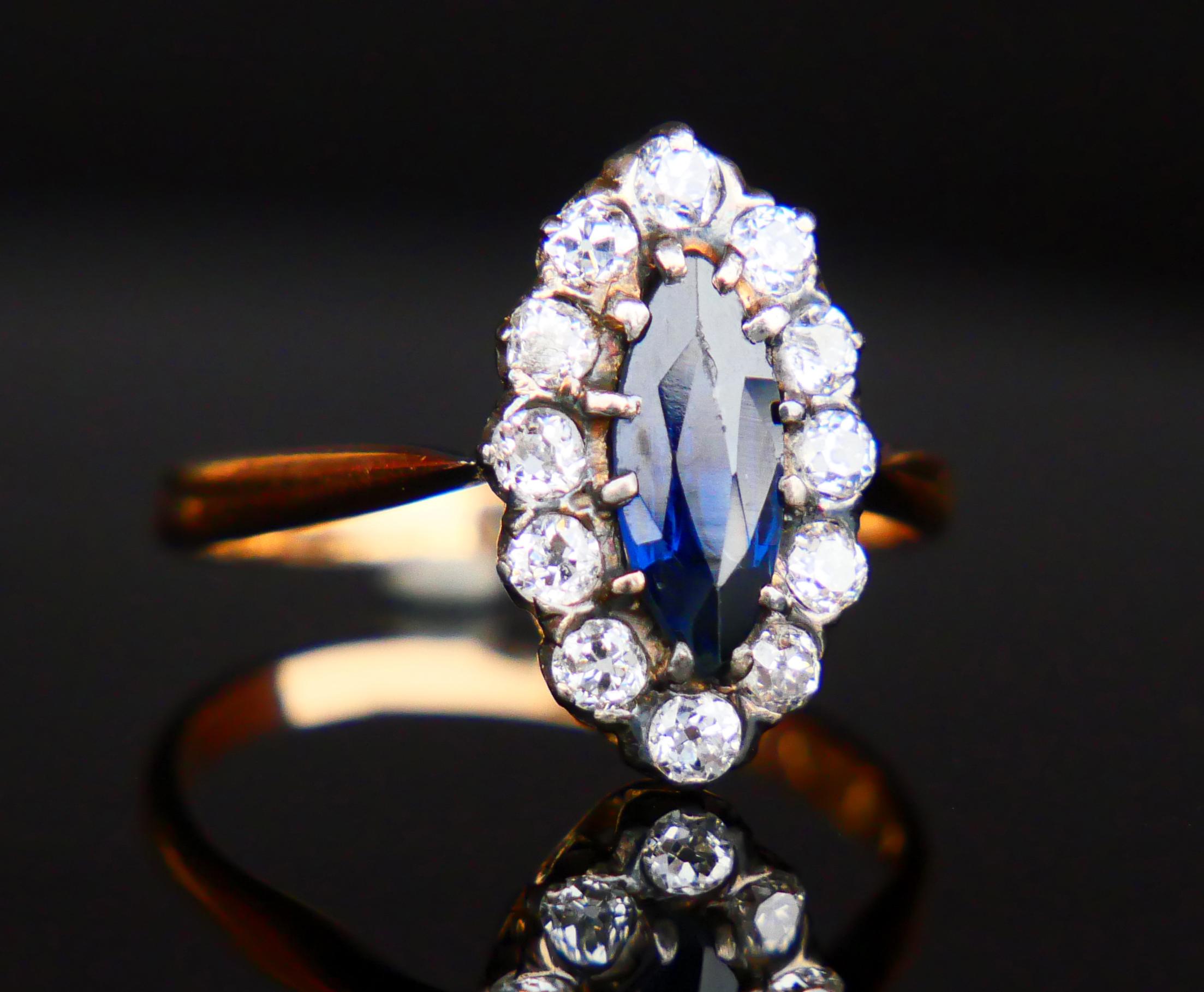 Old European Cut 1917 Halo Ring Natural 1ct Sapphire Diamonds solid 18K Gold Silver ØUS6 / 2.4gr For Sale