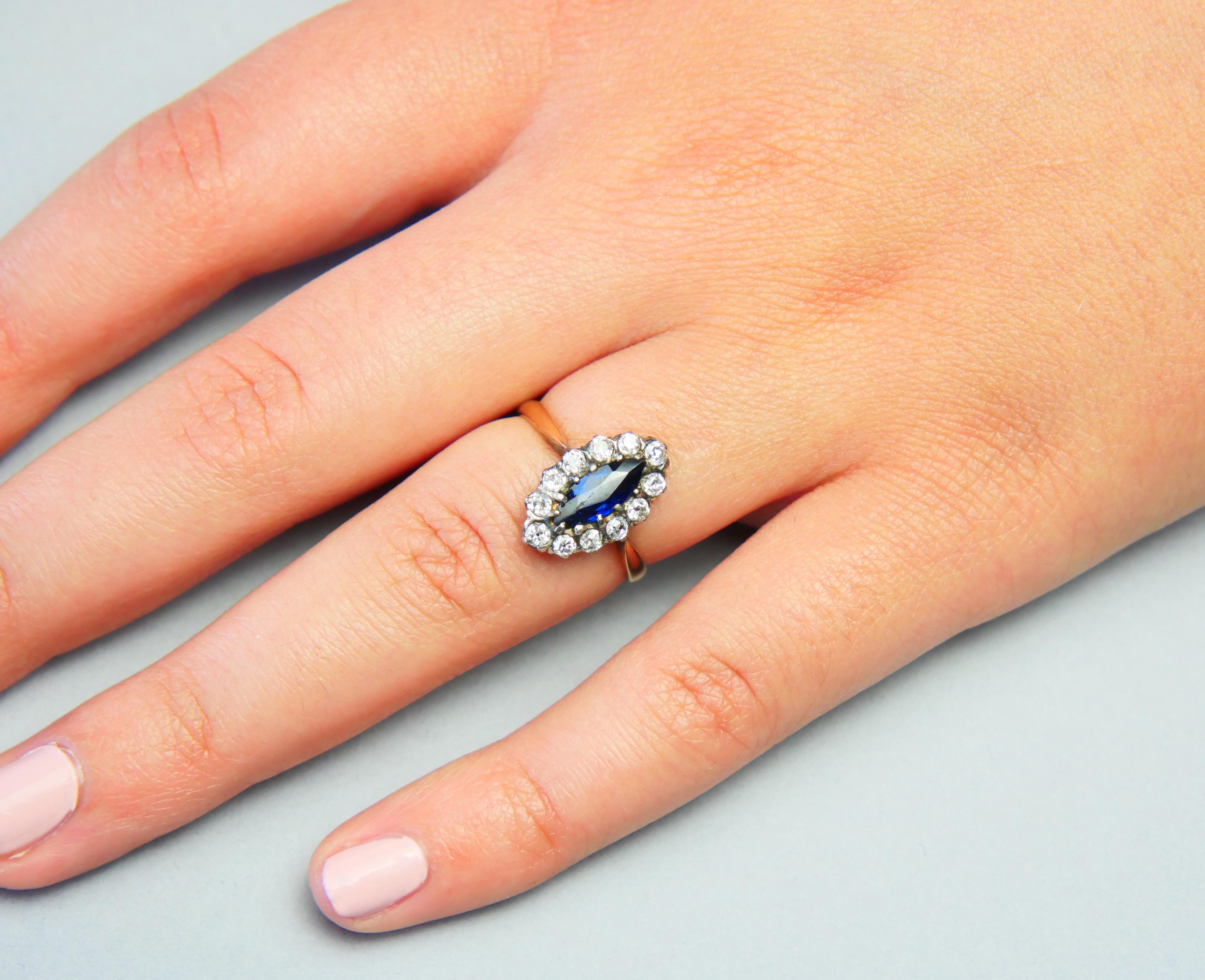 Women's 1917 Halo Ring Natural 1ct Sapphire Diamonds solid 18K Gold Silver ØUS6 / 2.4gr For Sale