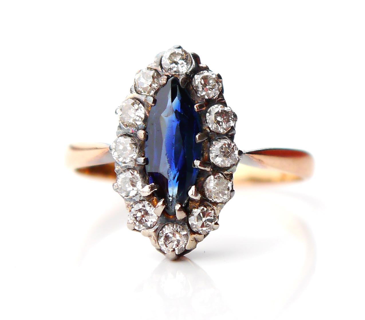 1917 Halo Ring Natural 1ct Sapphire Diamonds solid 18K Gold Silver ØUS6 / 2.4gr For Sale 2