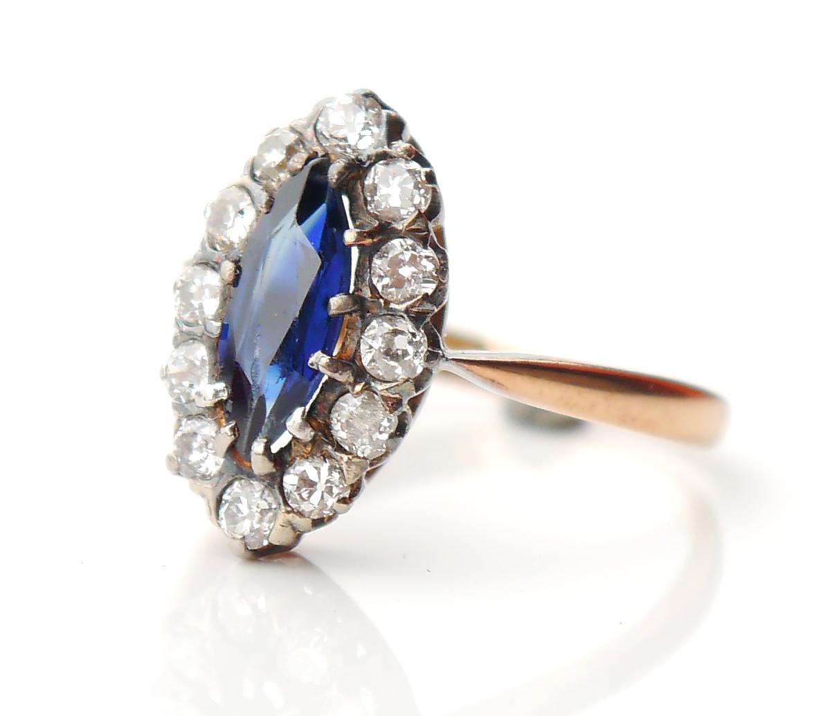 1917 Halo Ring Natural 1ct Sapphire Diamonds solid 18K Gold Silver ØUS6 / 2.4gr For Sale 3
